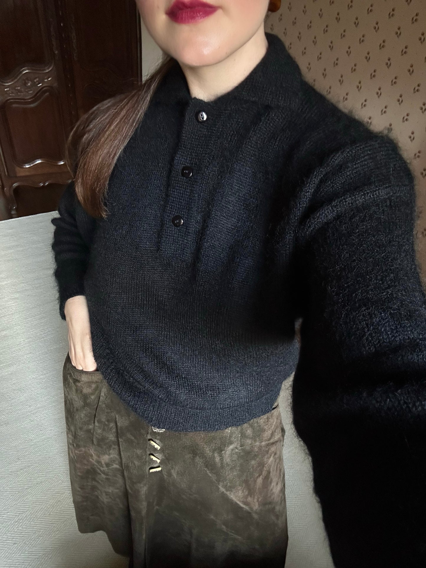 Vintage Super Kid Mohair Black Polo Sweater