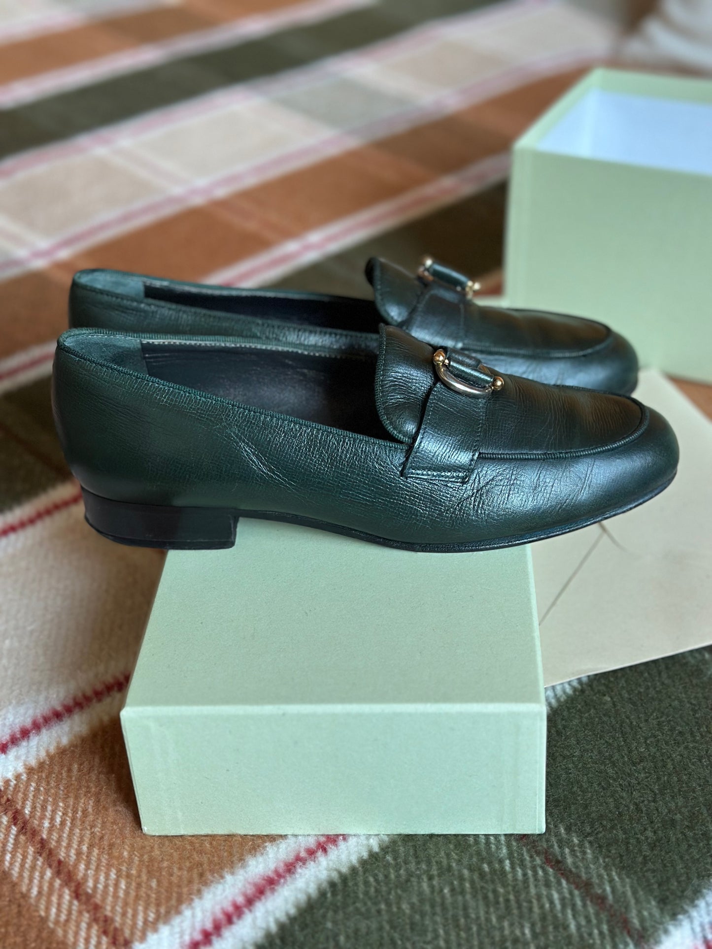 Vintage Bottle Green Leather Loafers