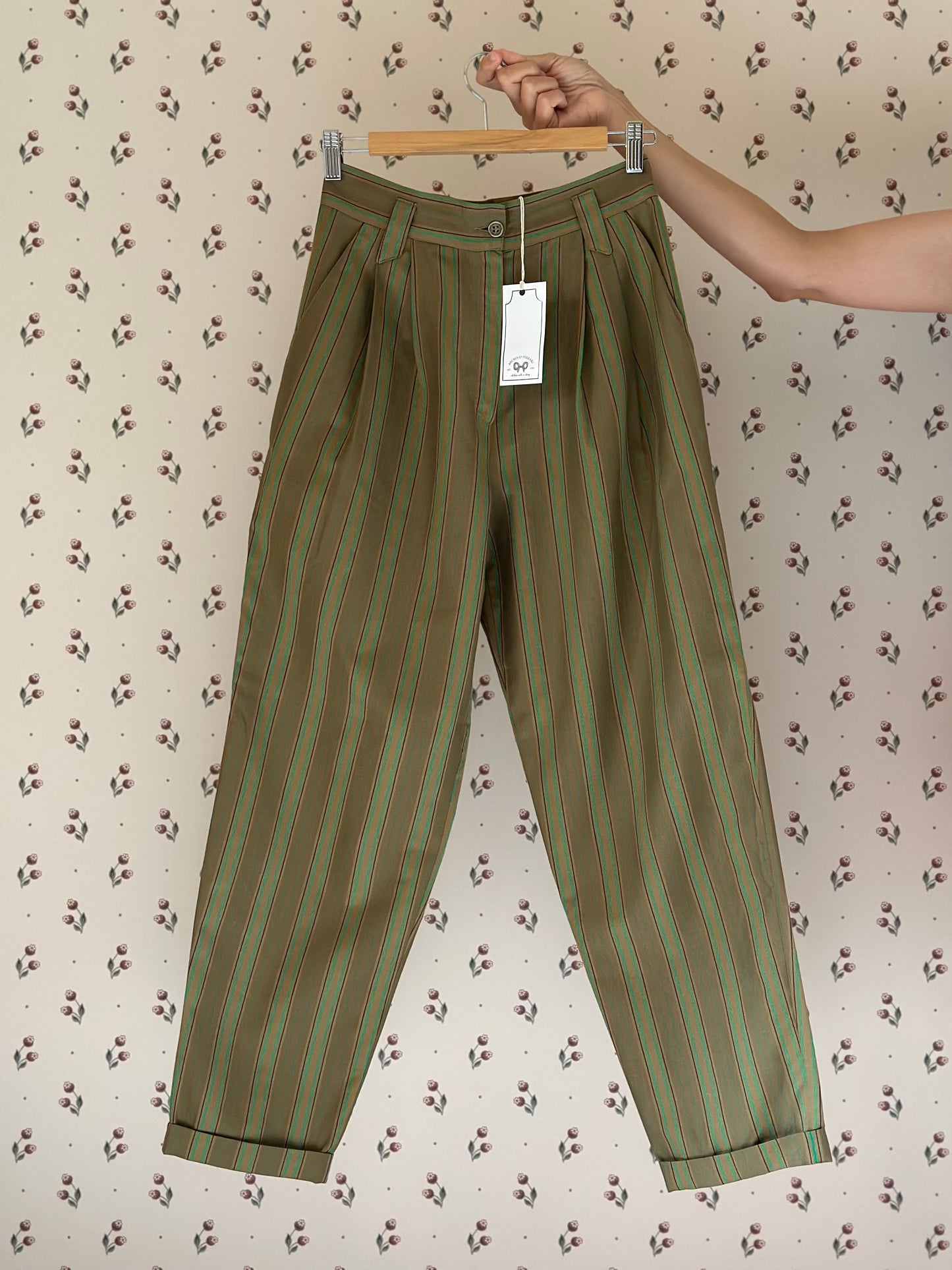 Vintage Green Striped Cotton Trousers