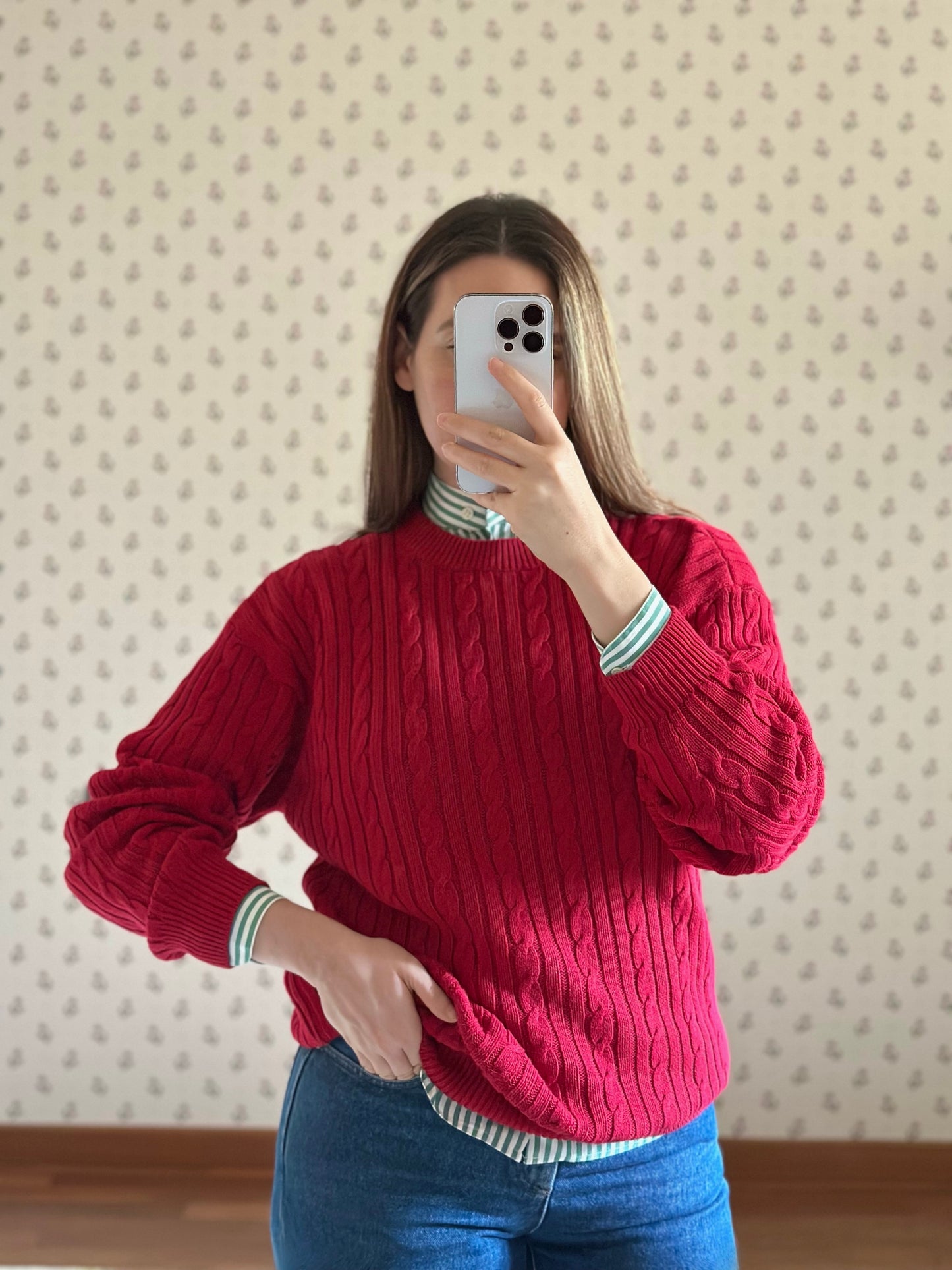 Red Cotton Cable Knit Sweater