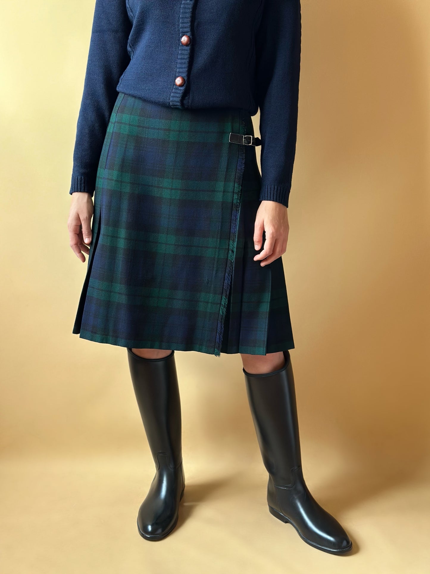 Vintage Tartan Green & Blue Pleated Skirt With Leather Belts
