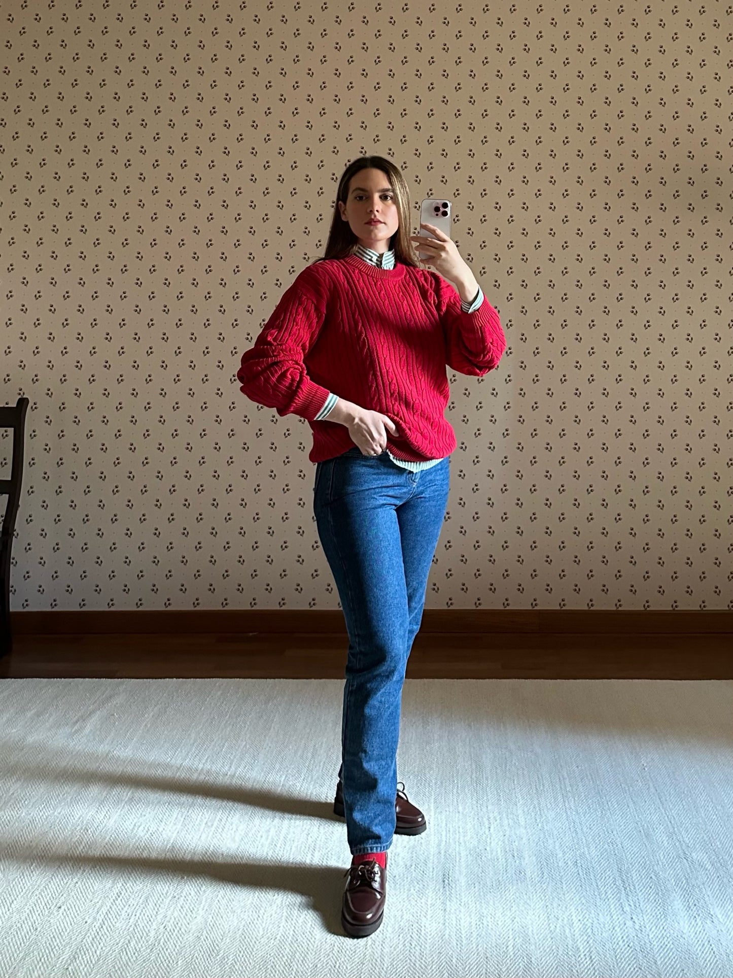 Red Cotton Cable Knit Sweater