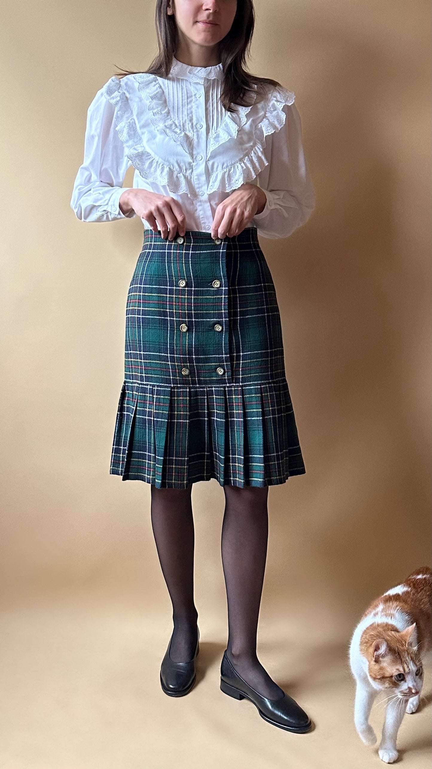 Vintage Tartan Green Pleated Skirt