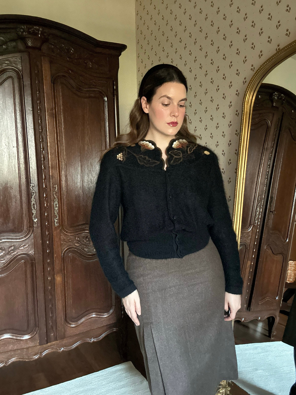 Pure Wool Taupe Midi Skirt