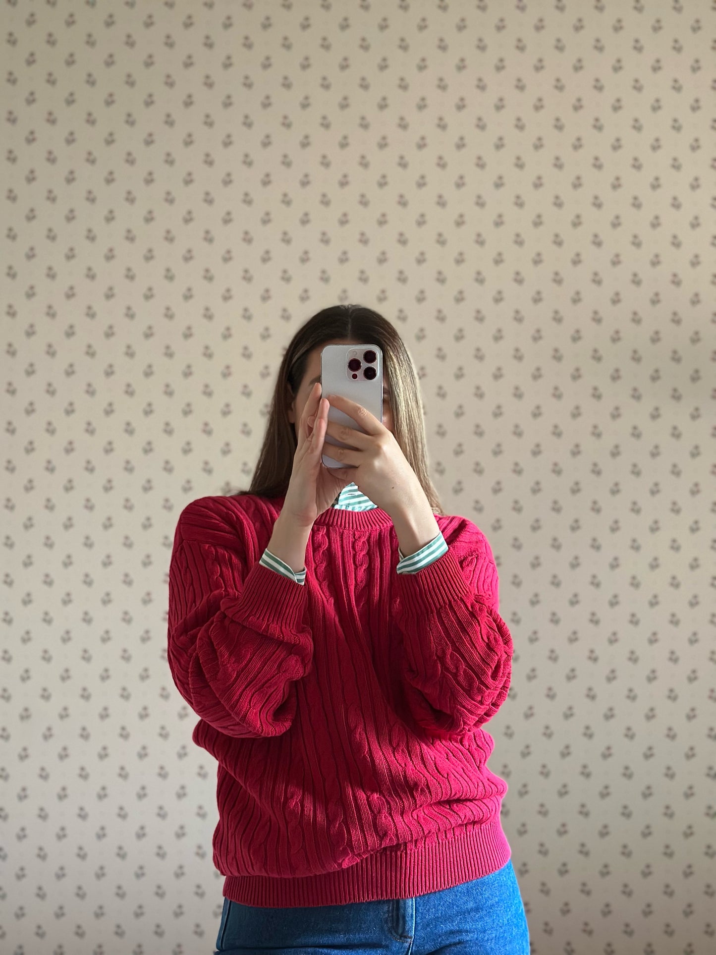 Red Cotton Cable Knit Sweater
