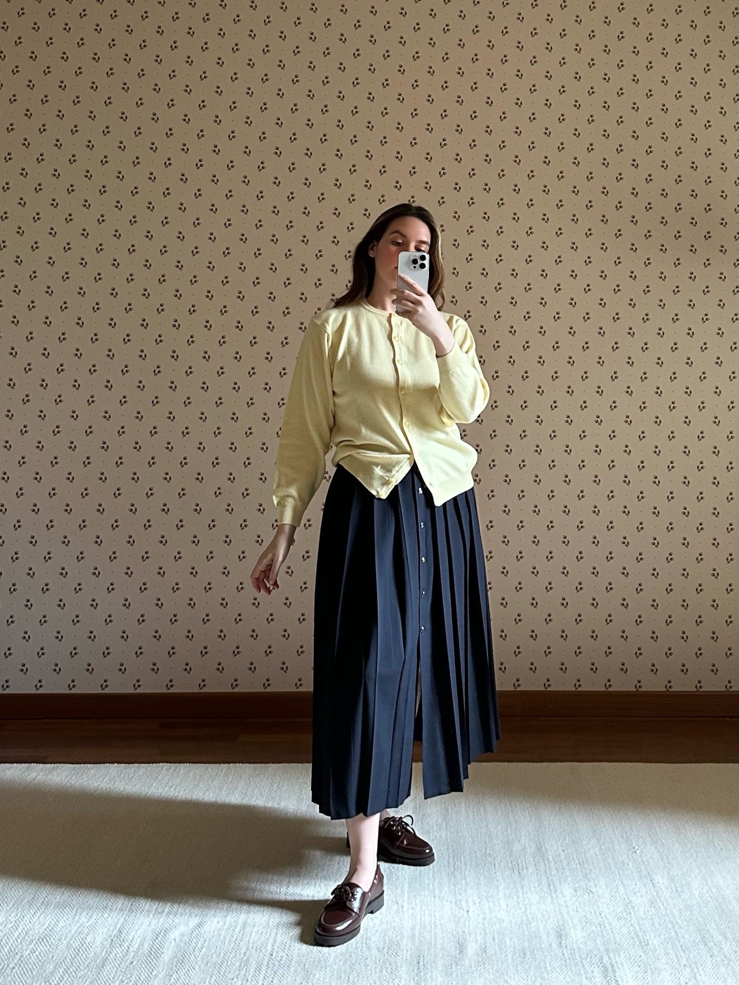 Long Pleated Blue Wool Skirt