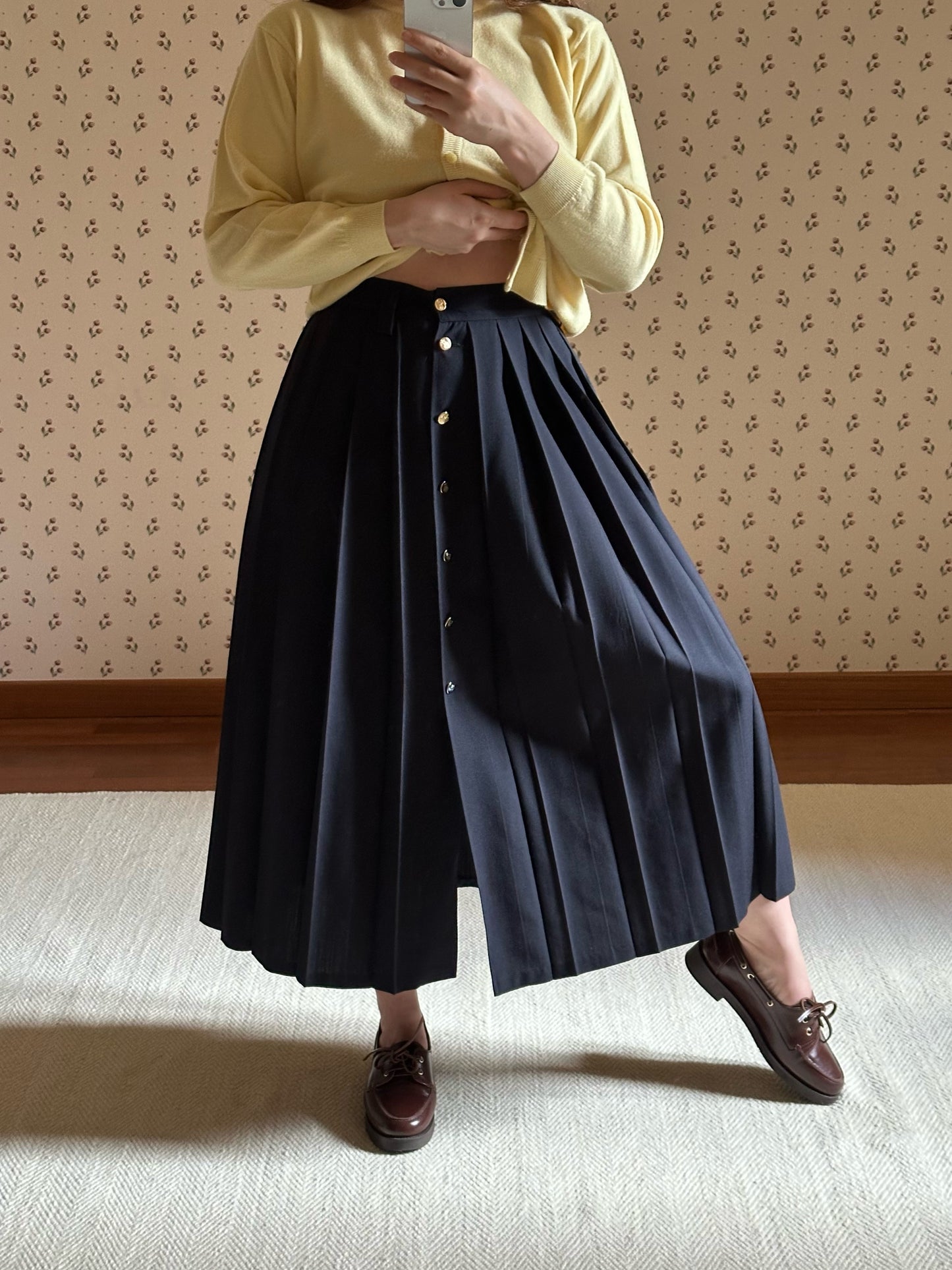 Long Pleated Blue Wool Skirt