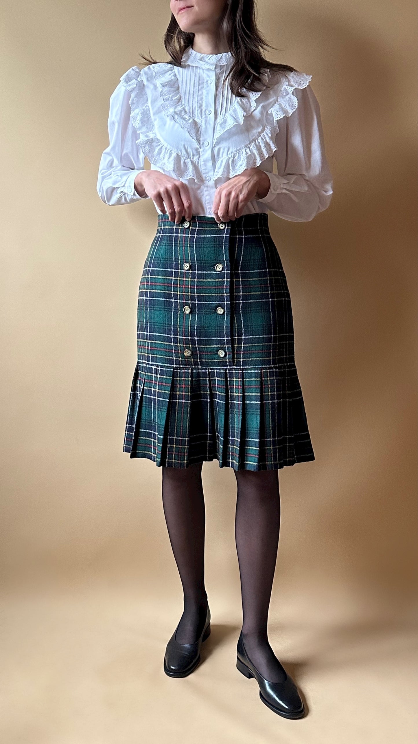 Vintage Tartan Green Pleated Skirt