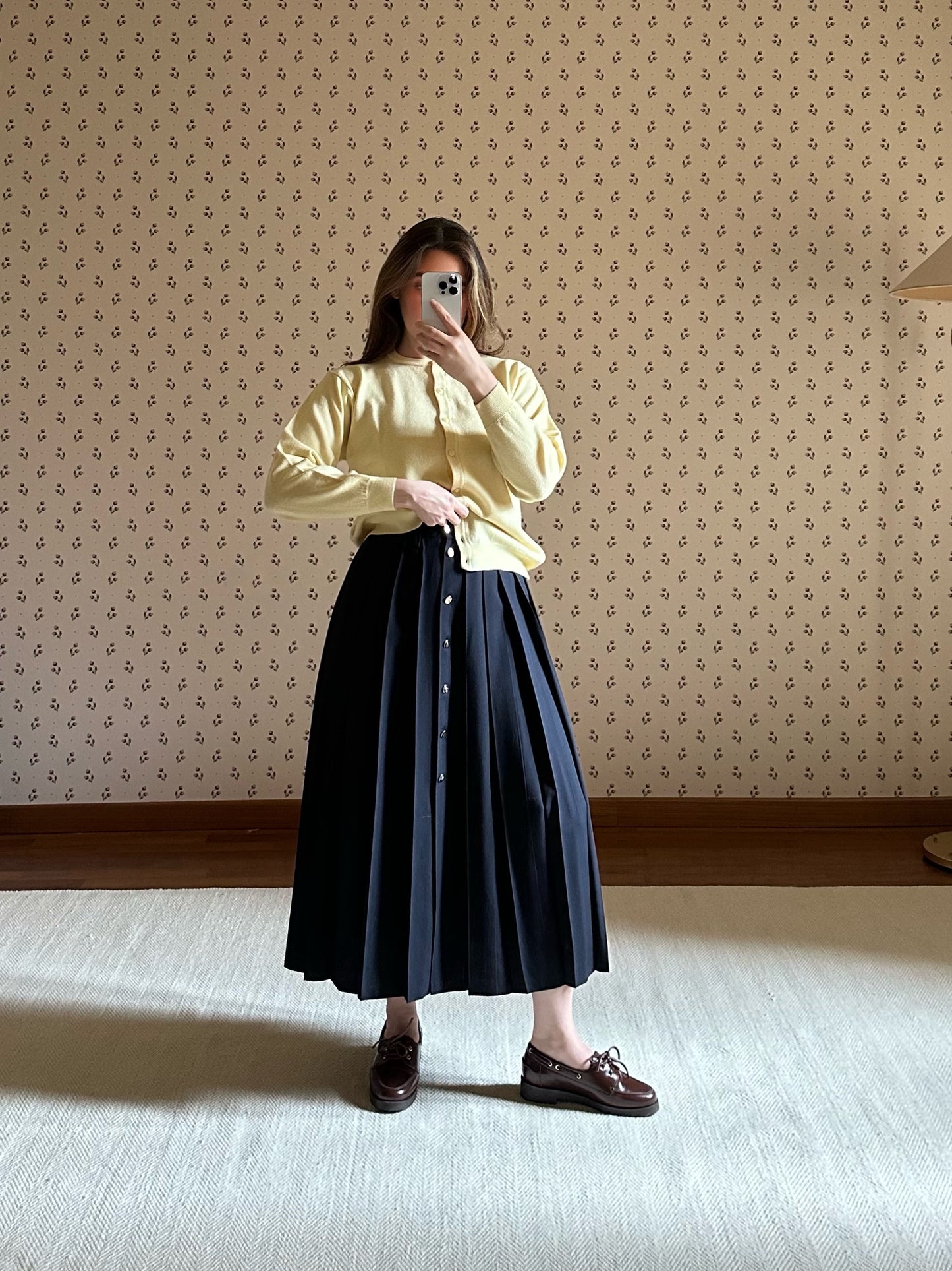 Long Pleated Blue Wool Skirt