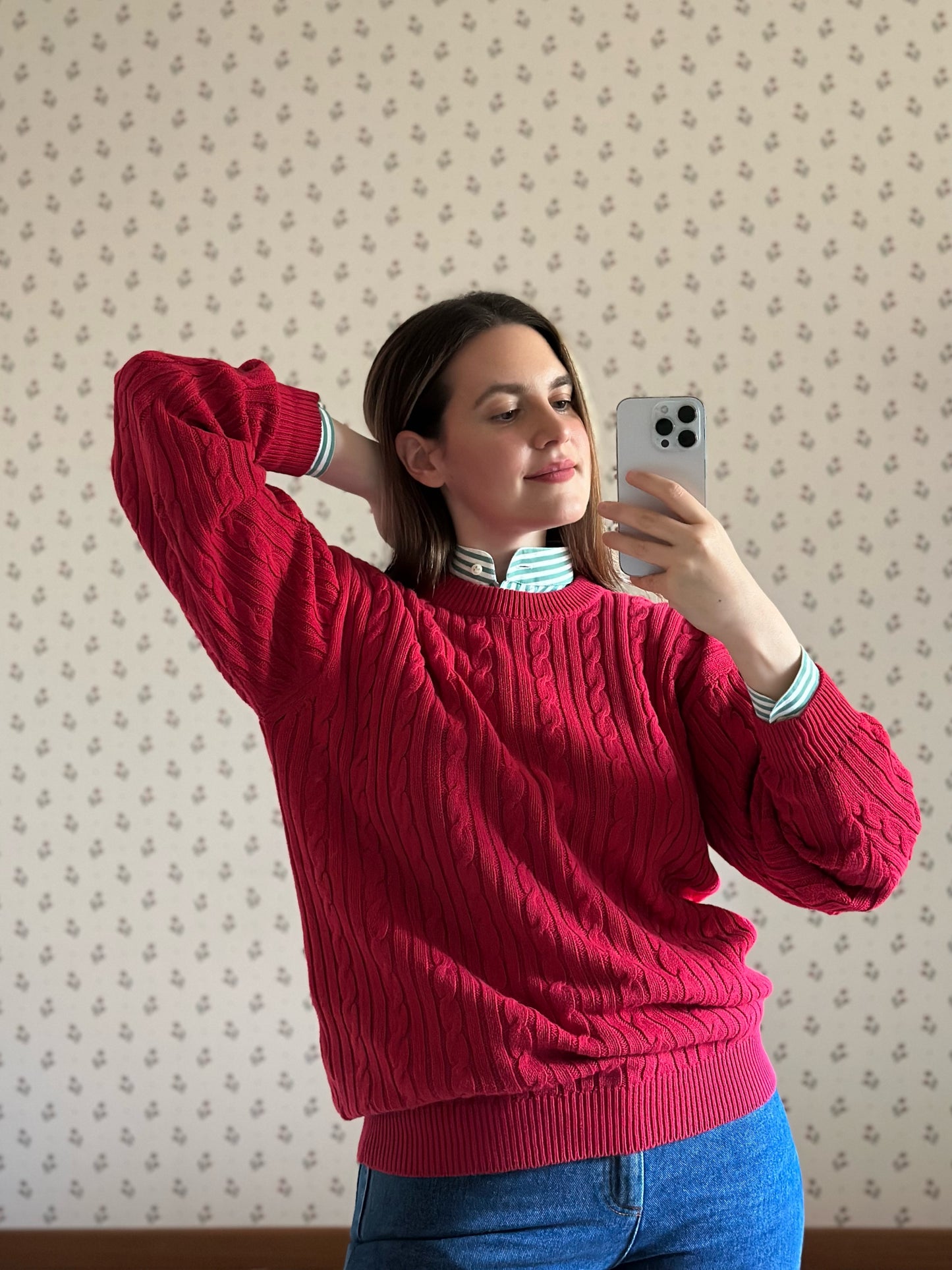 Red Cotton Cable Knit Sweater