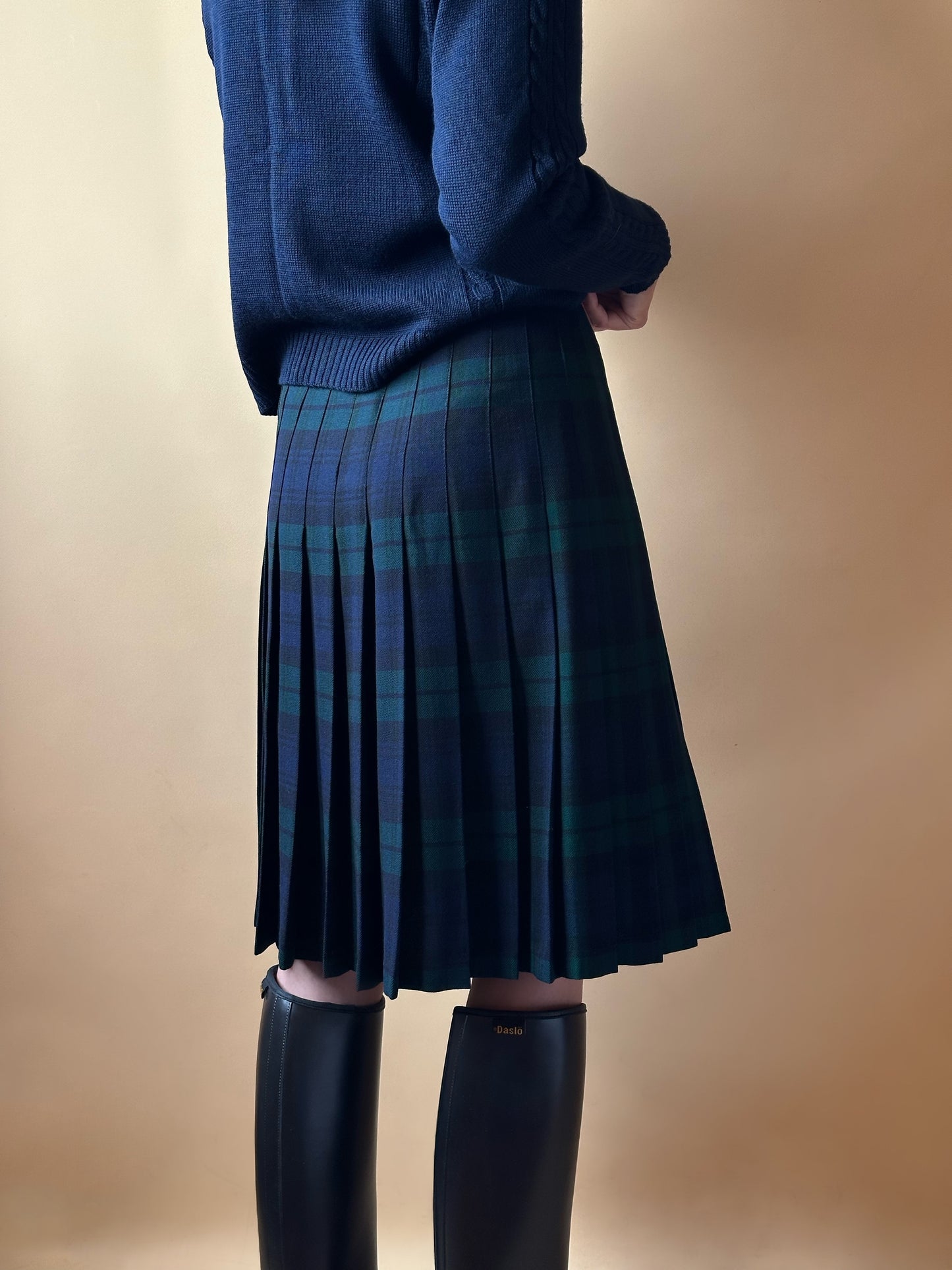 Vintage Tartan Green & Blue Pleated Skirt With Leather Belts