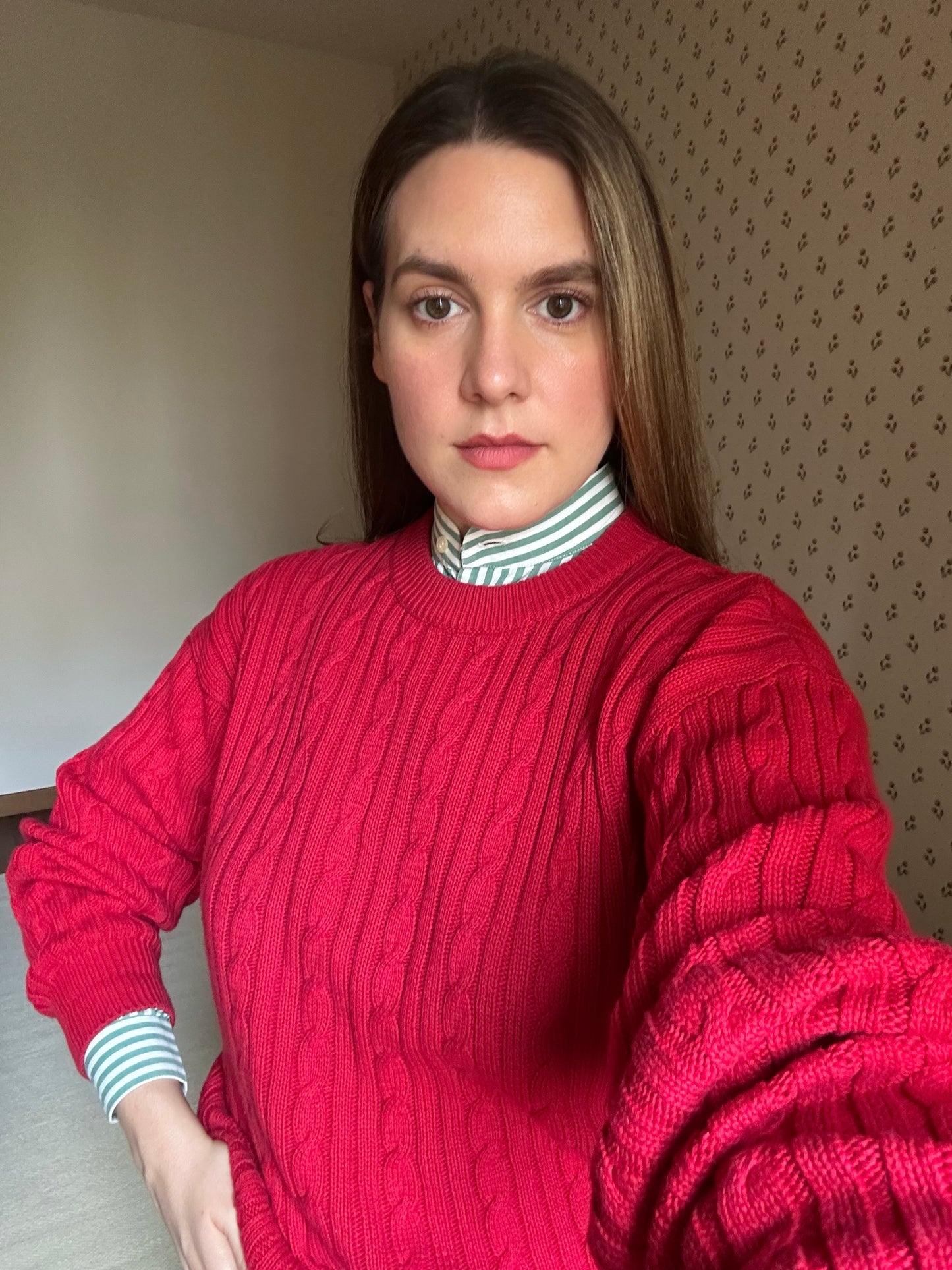 Red Cotton Cable Knit Sweater