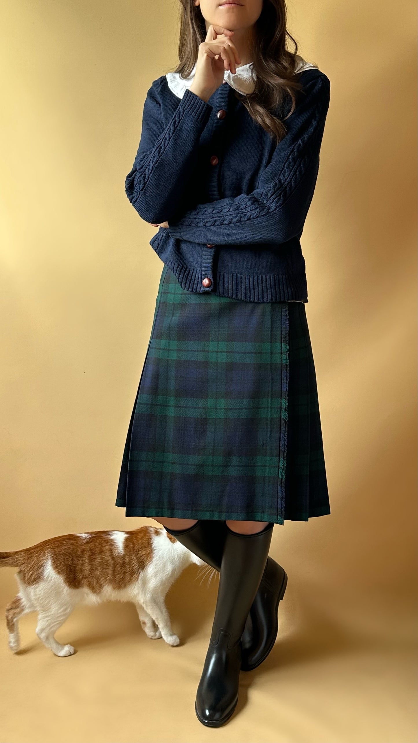 Vintage Tartan Green & Blue Pleated Skirt With Leather Belts