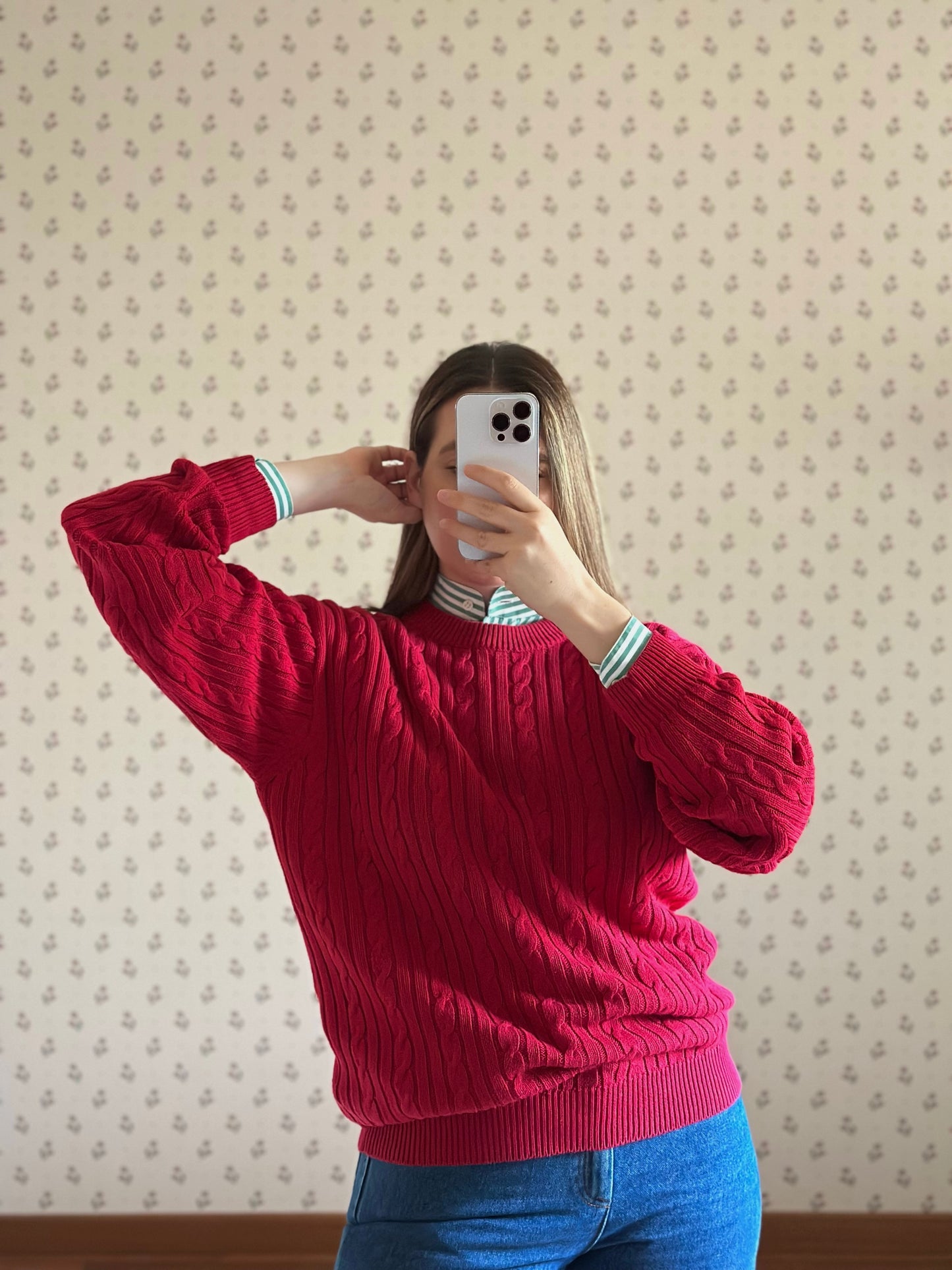 Red Cotton Cable Knit Sweater