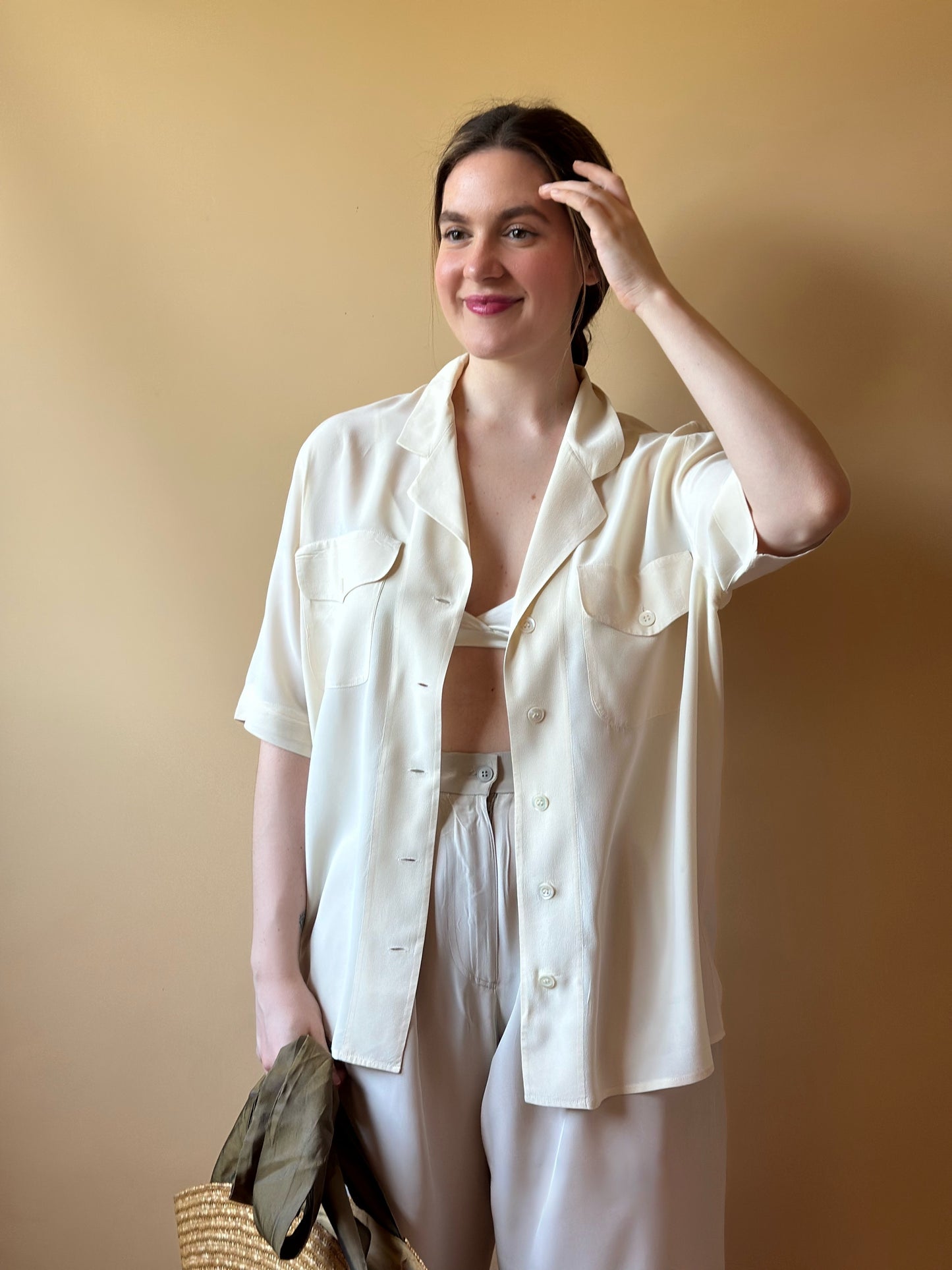 Vintage Short Sleeved Silk Ivory Shirt
