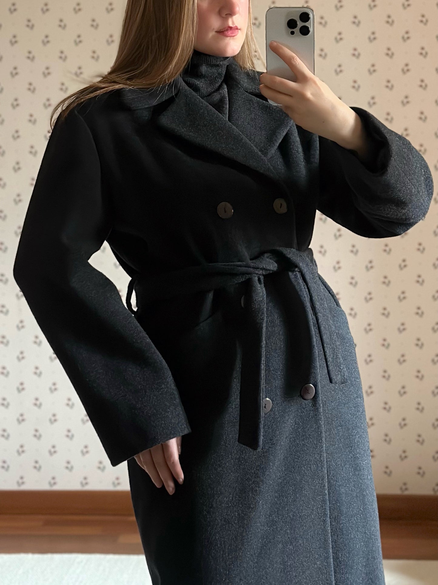 Long Gray Wool & Cashmere Belted Coat