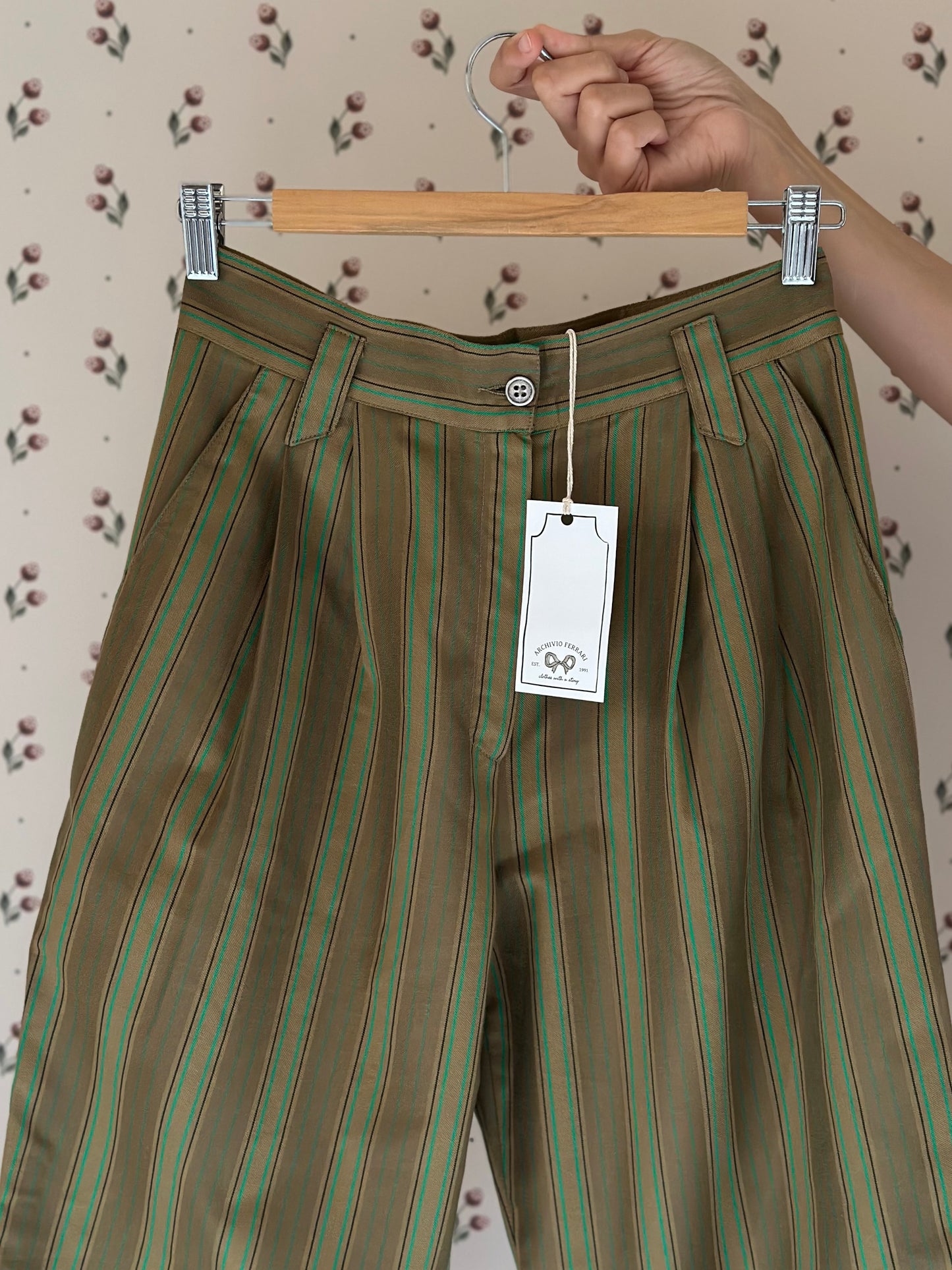 Vintage Green Striped Cotton Trousers