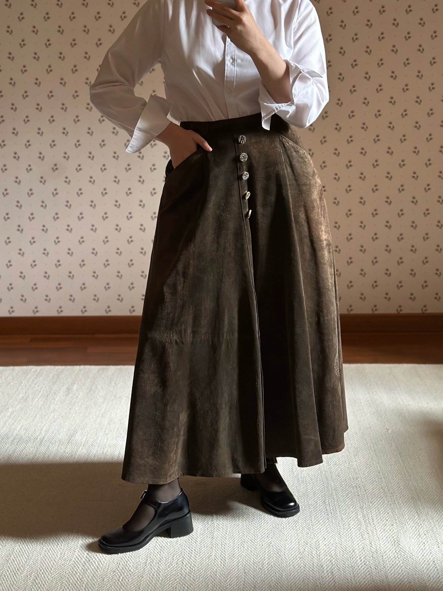 Vintage Suede Mocha Brown Maxi Skirt