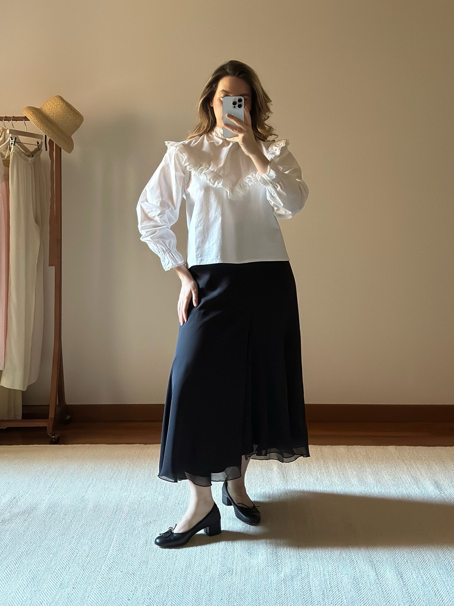 Pure Silk Black Midi Skirt