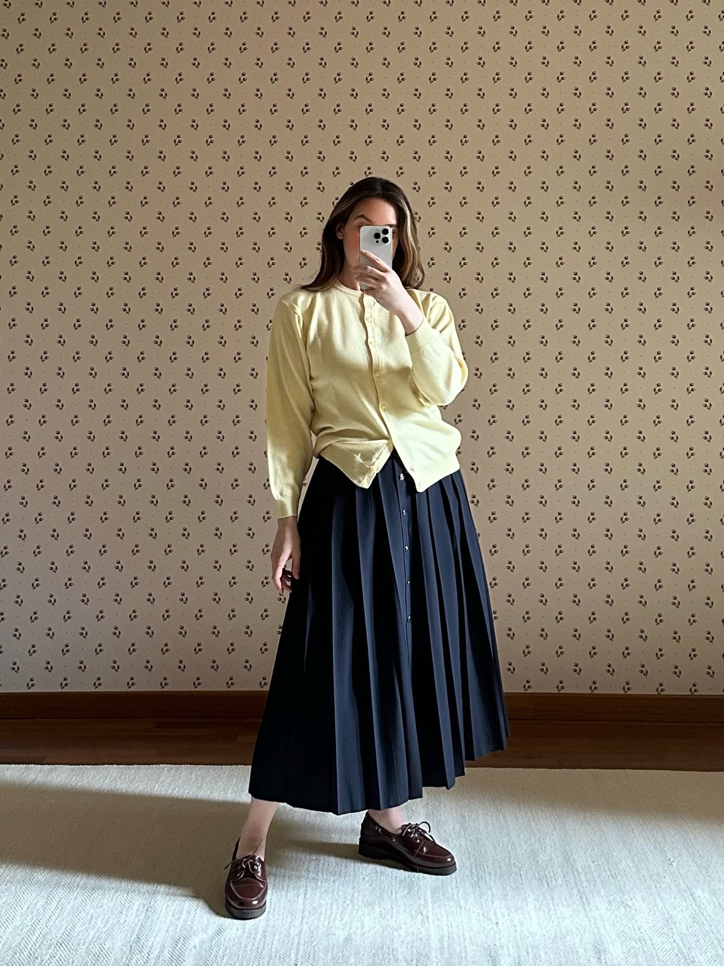 Long Pleated Blue Wool Skirt