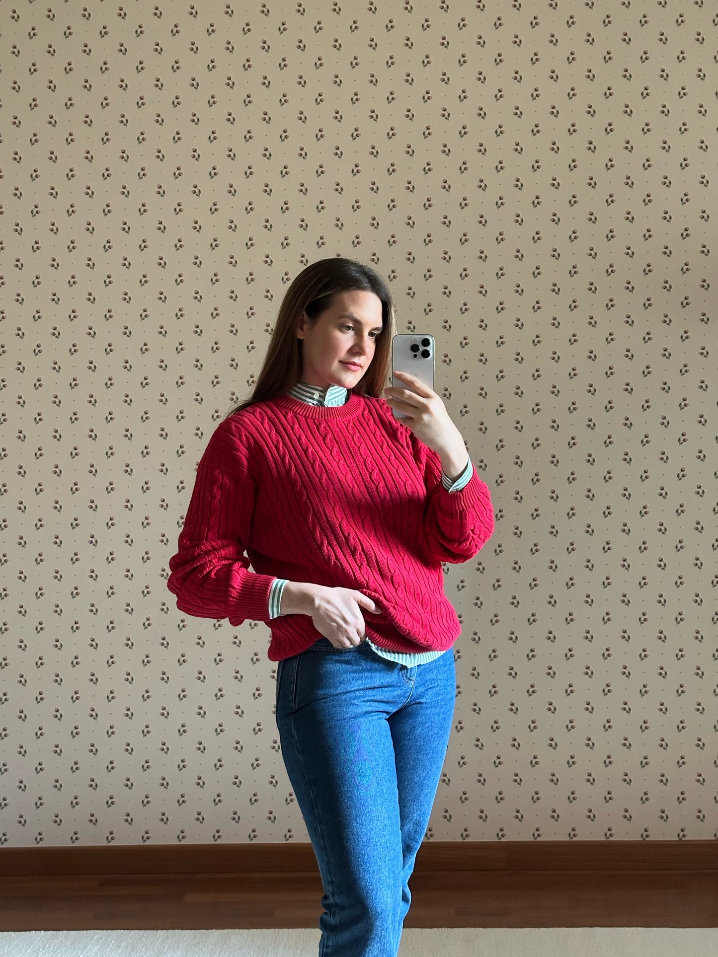 Red Cotton Cable Knit Sweater
