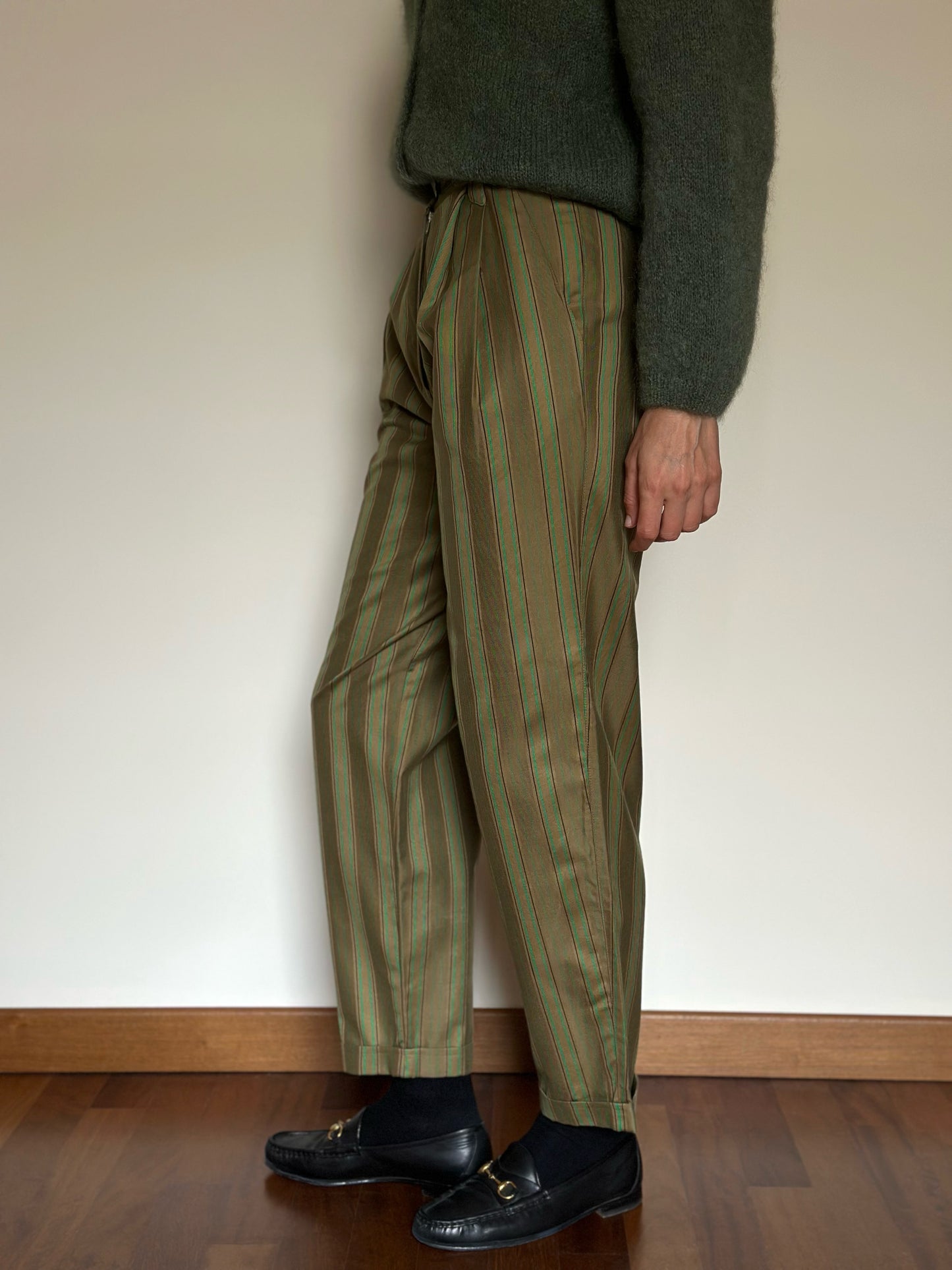 Vintage Green Striped Cotton Trousers