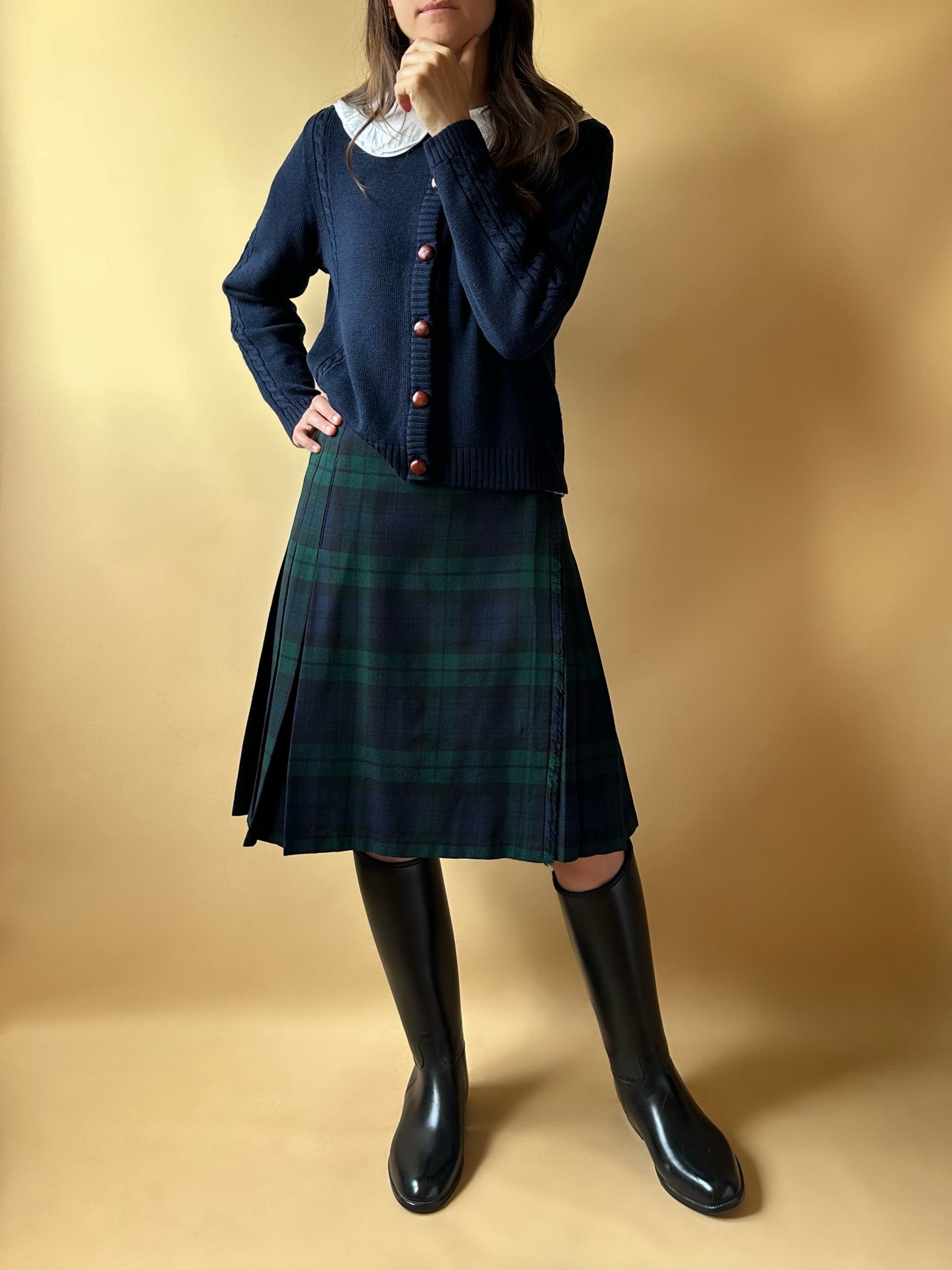 Vintage Tartan Green & Blue Pleated Skirt With Leather Belts