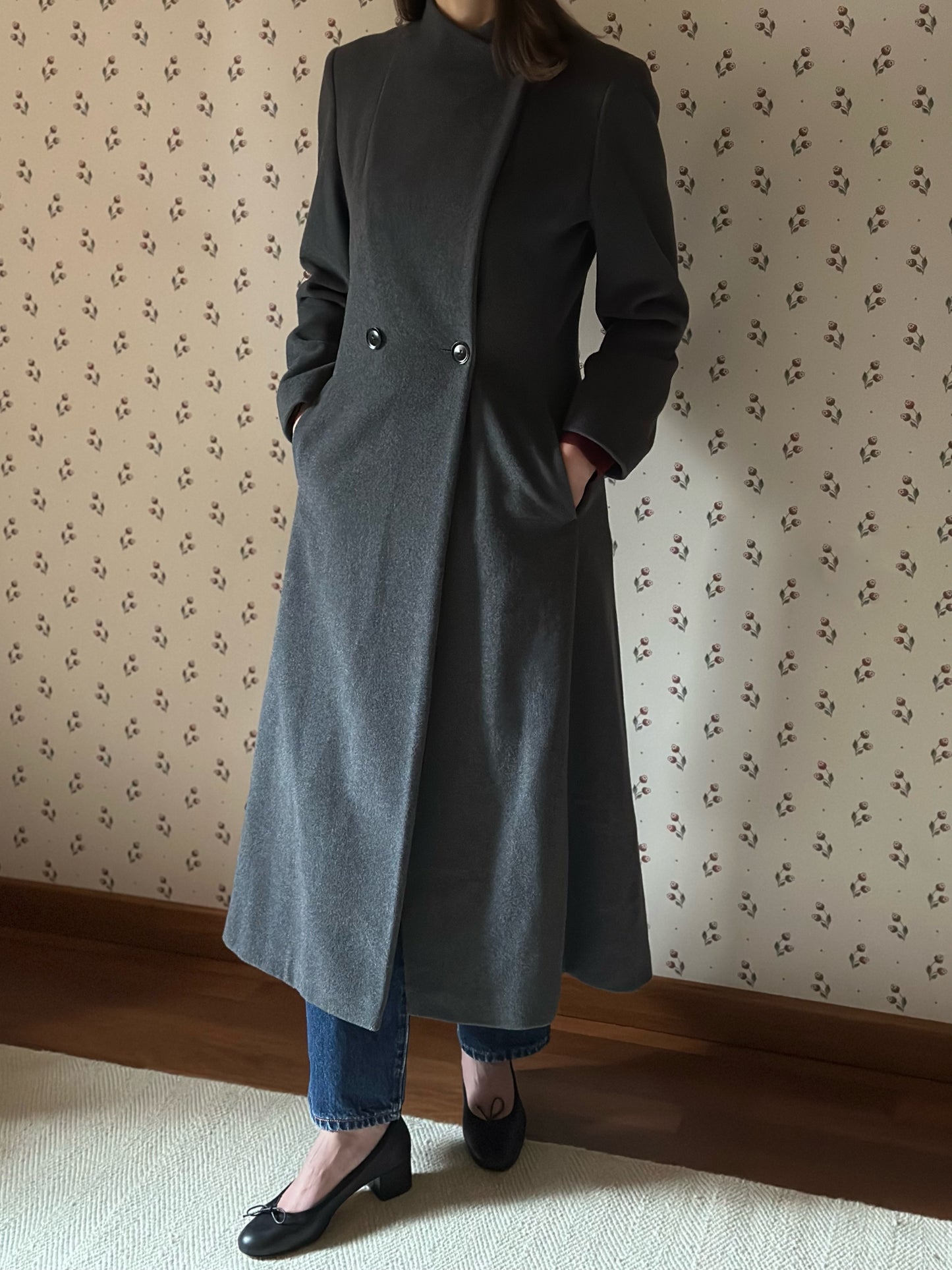 Gray Structured Wool & Cashmere Round Neck Coat