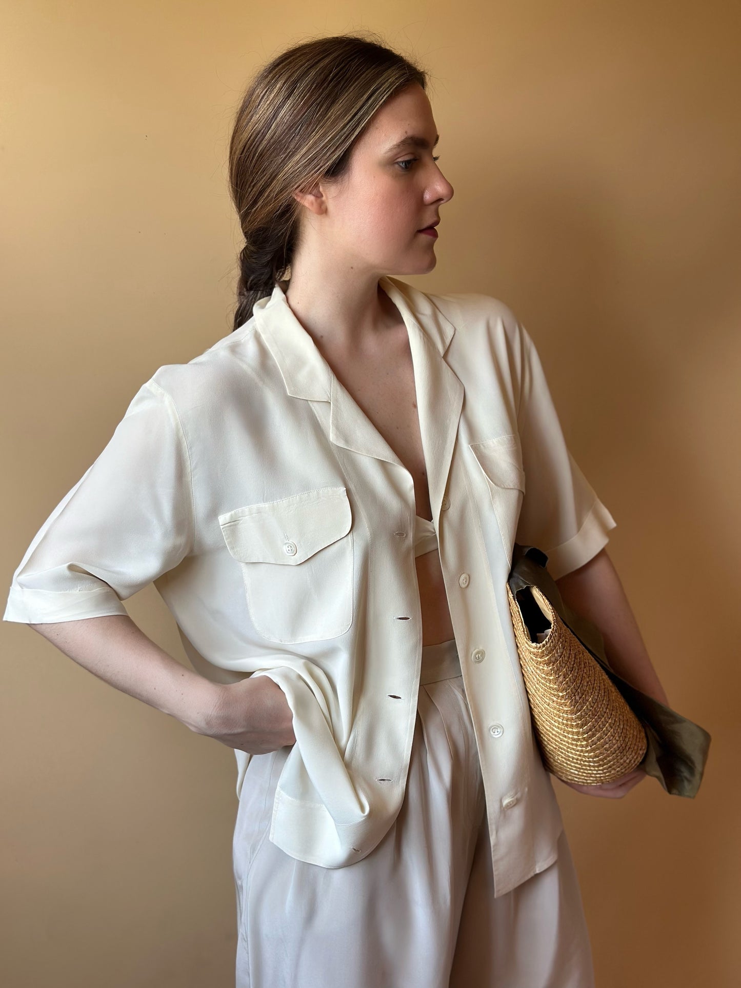 Vintage Short Sleeved Silk Ivory Shirt