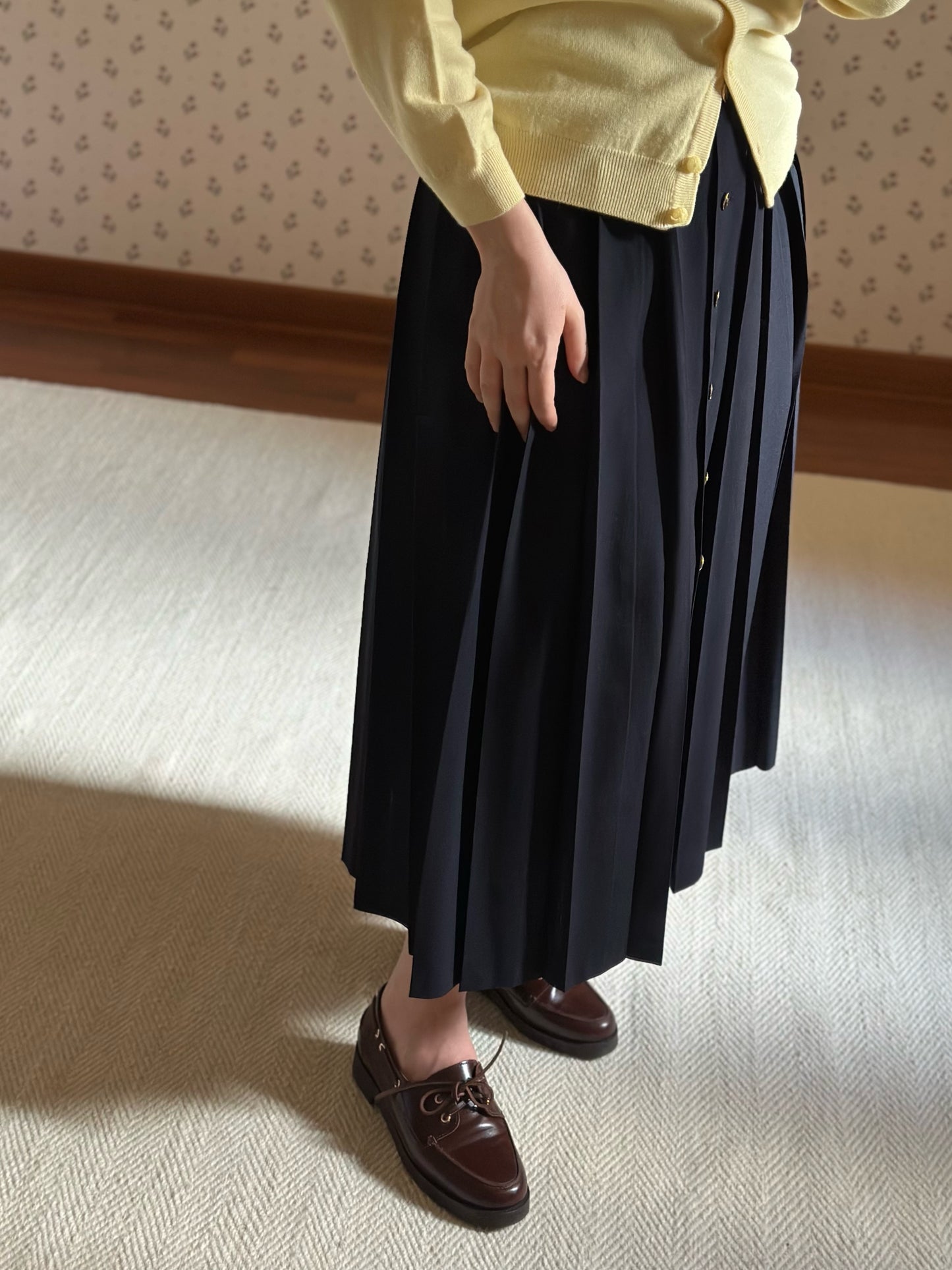 Long Pleated Blue Wool Skirt