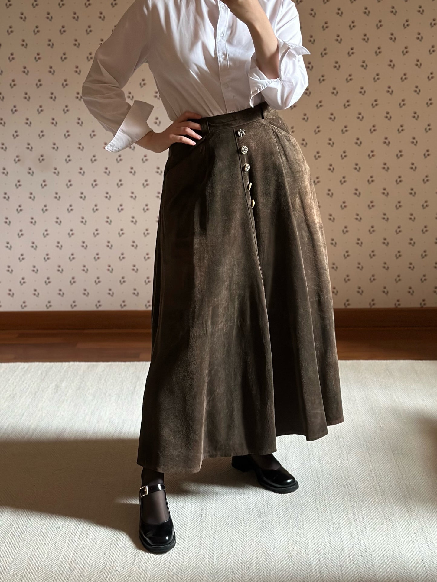 Vintage Suede Mocha Brown Maxi Skirt