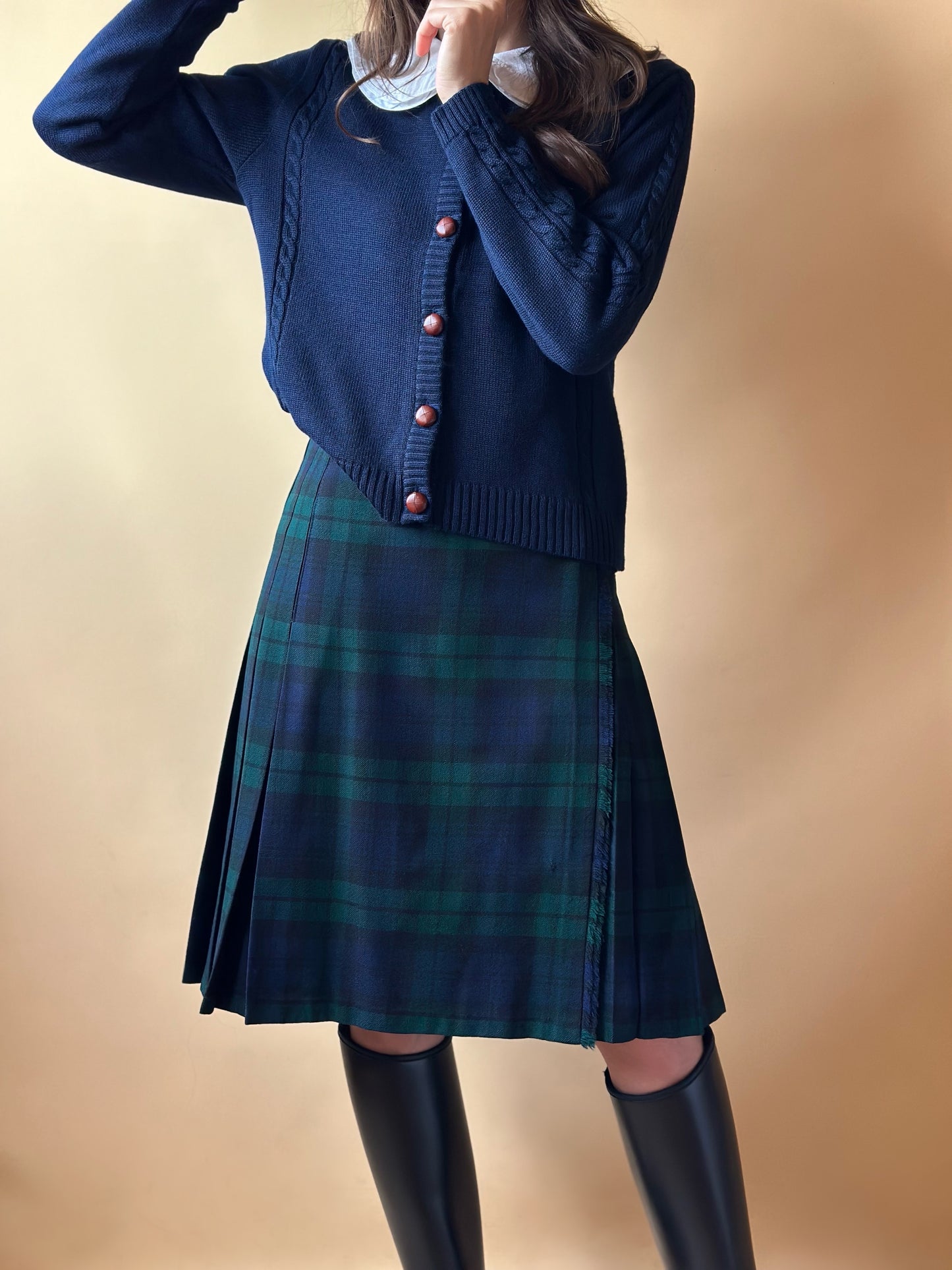 Vintage Tartan Green & Blue Pleated Skirt With Leather Belts