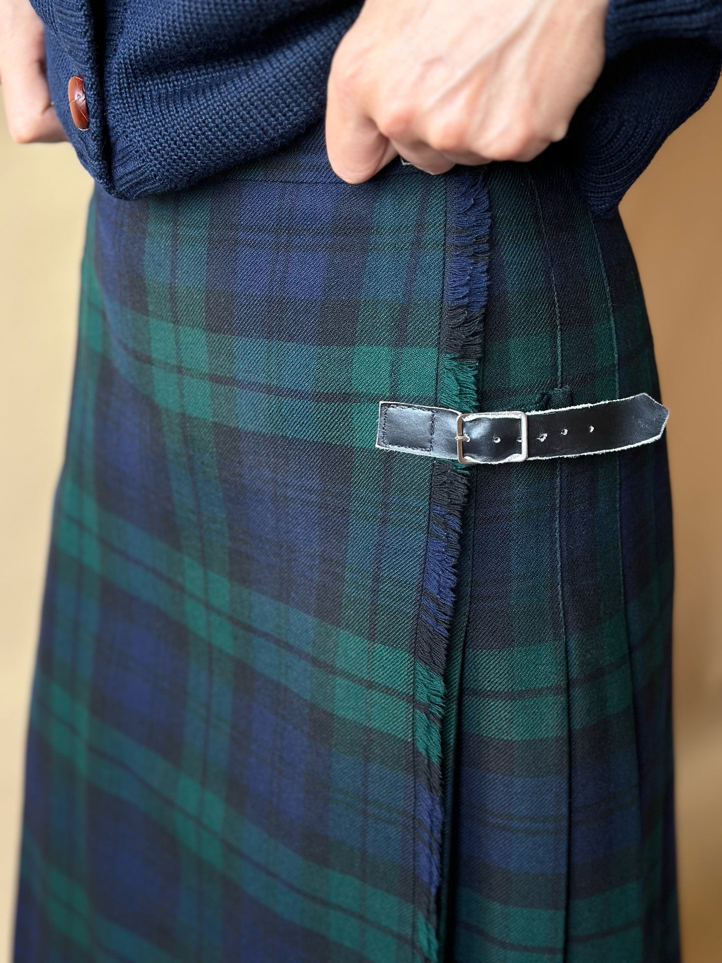 Vintage Tartan Green & Blue Pleated Skirt With Leather Belts