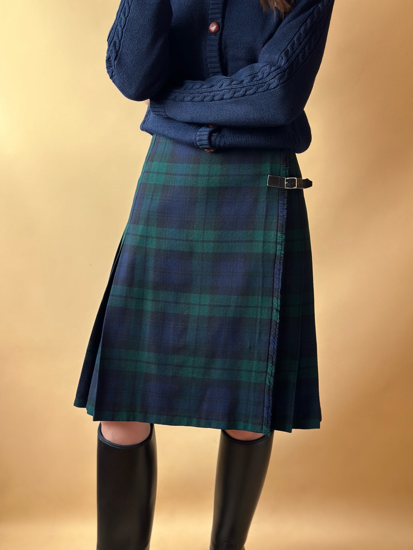 Vintage Tartan Green & Blue Pleated Skirt With Leather Belts