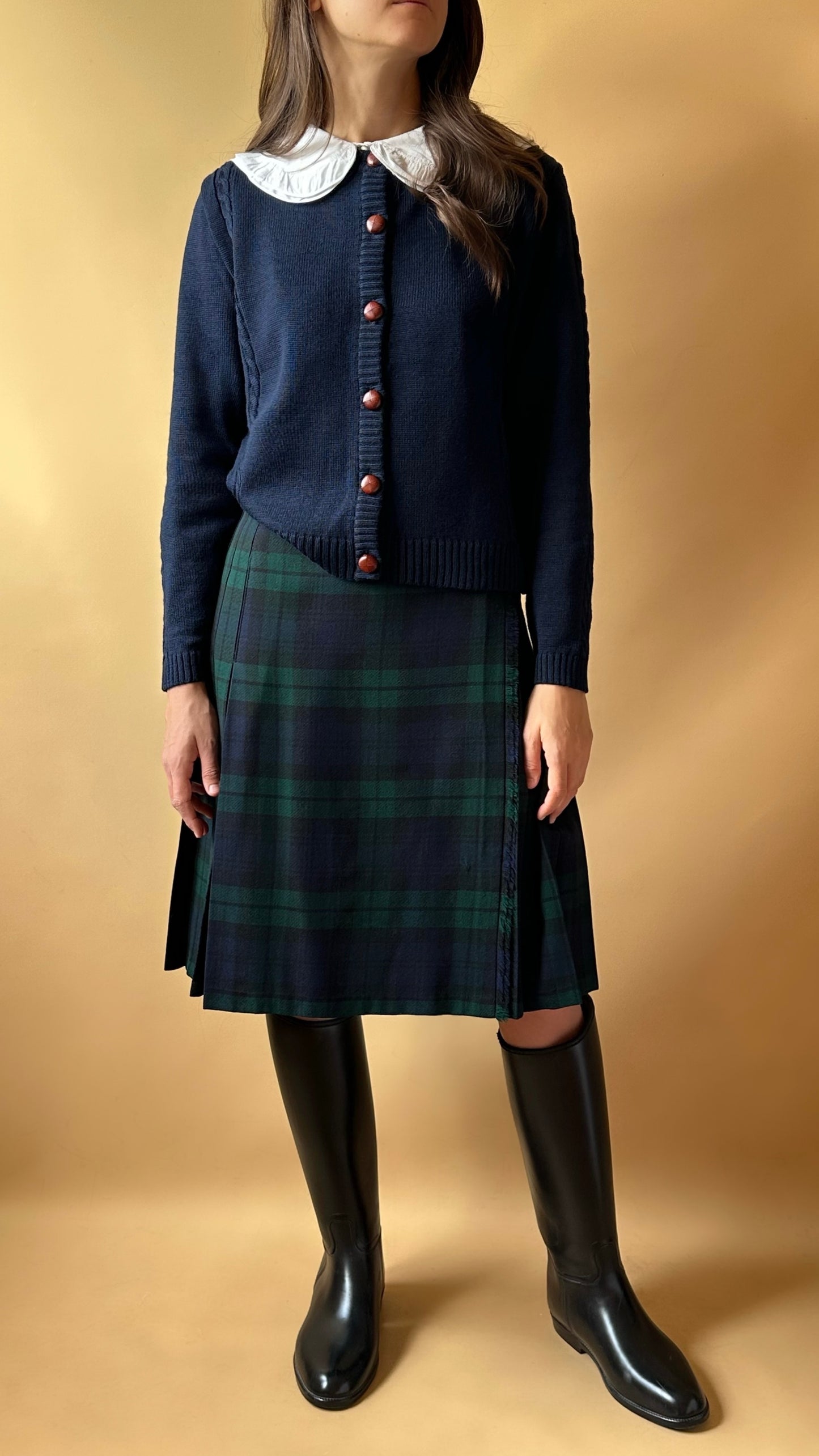 Vintage Tartan Green & Blue Pleated Skirt With Leather Belts