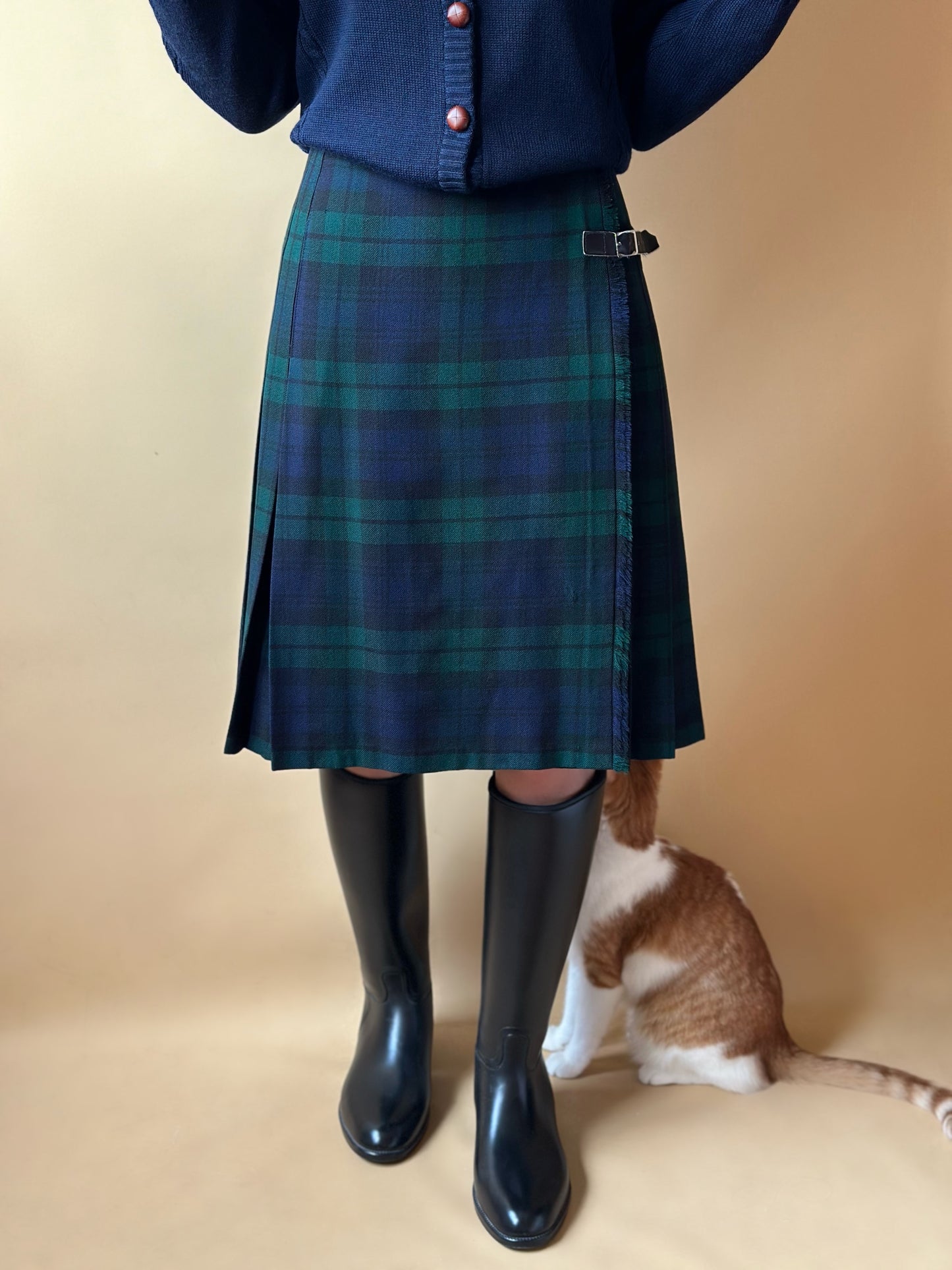 Vintage Tartan Green & Blue Pleated Skirt With Leather Belts