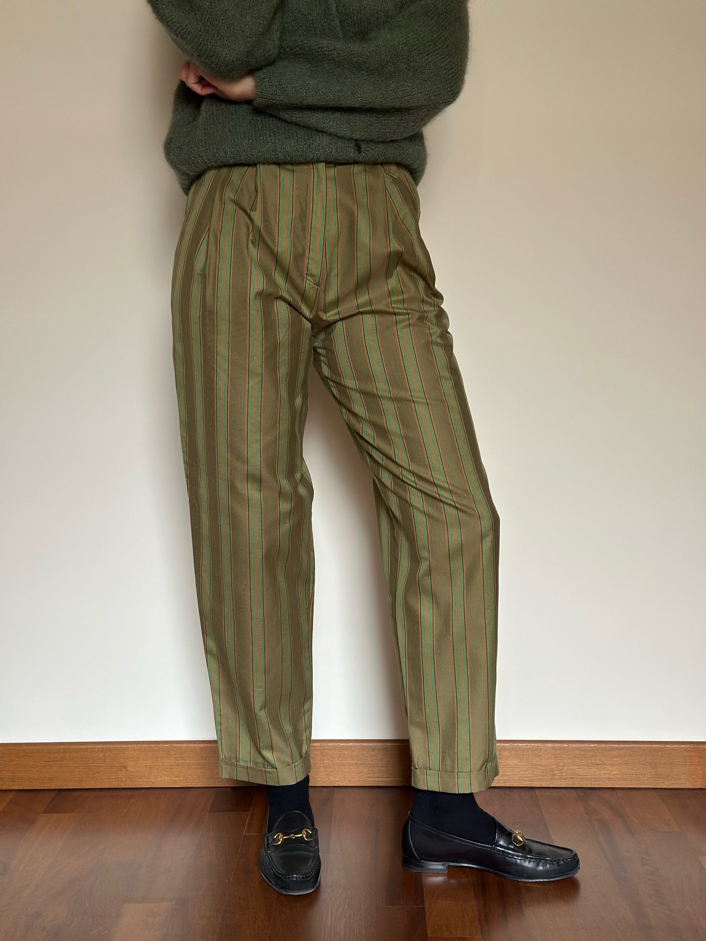 Vintage Green Striped Cotton Trousers
