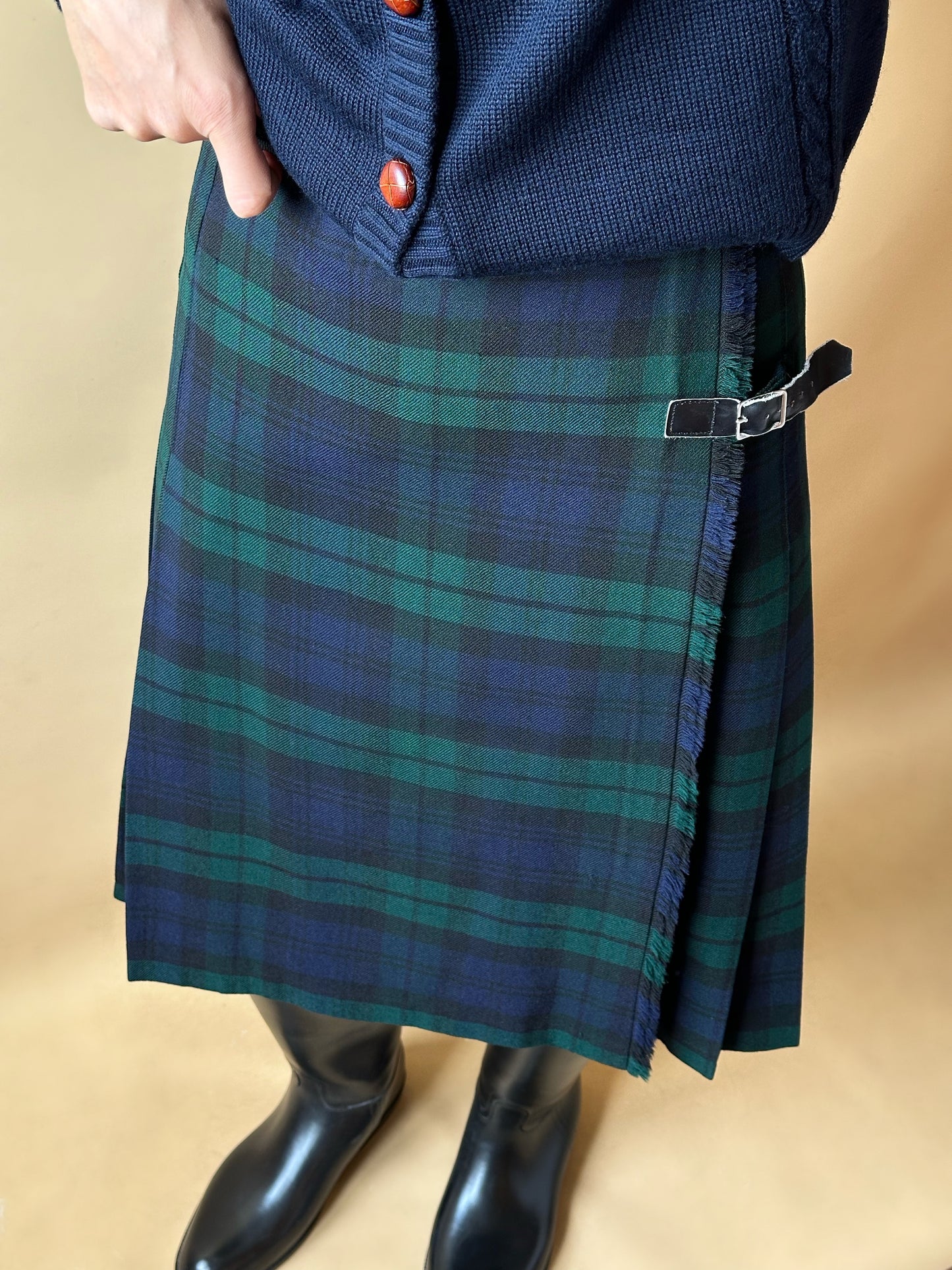 Vintage Tartan Green & Blue Pleated Skirt With Leather Belts