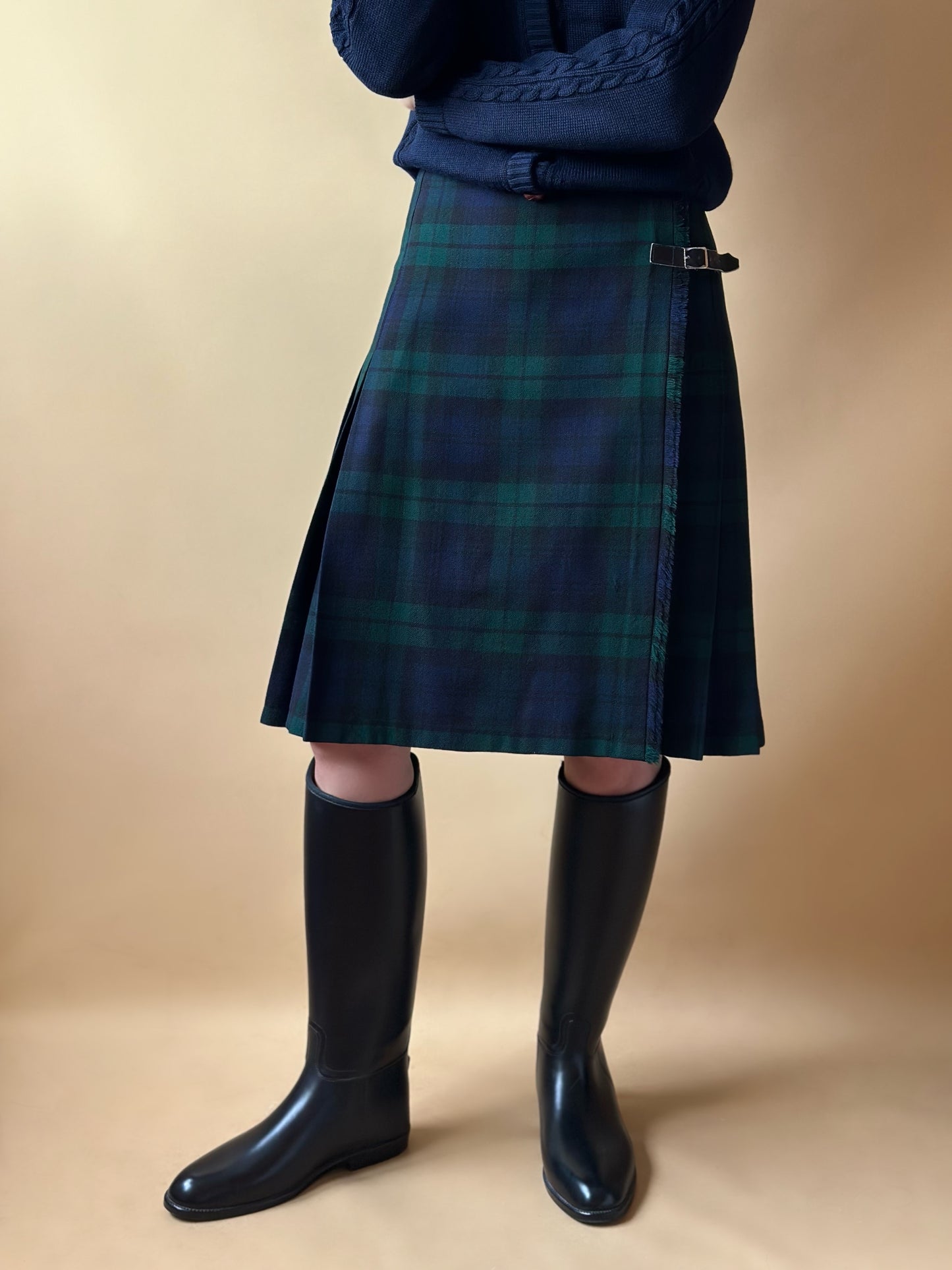 Vintage Tartan Green & Blue Pleated Skirt With Leather Belts