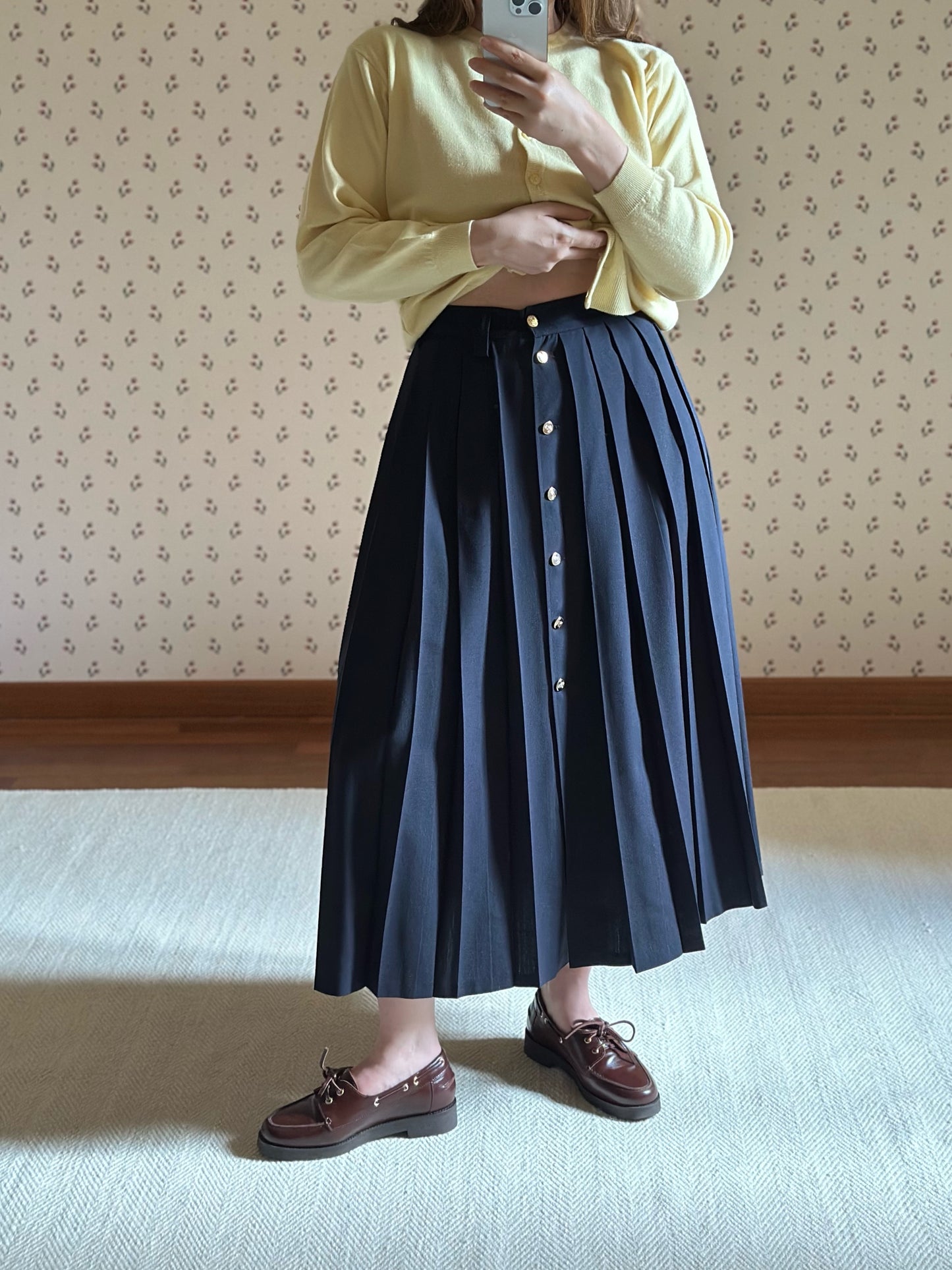 Long Pleated Blue Wool Skirt
