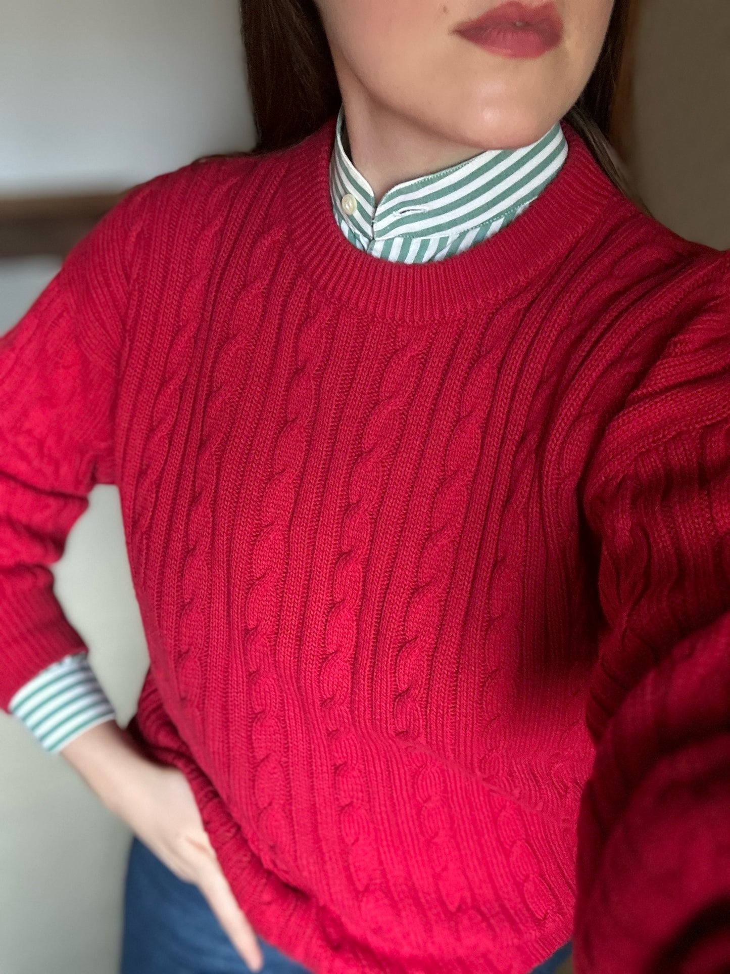 Red Cotton Cable Knit Sweater