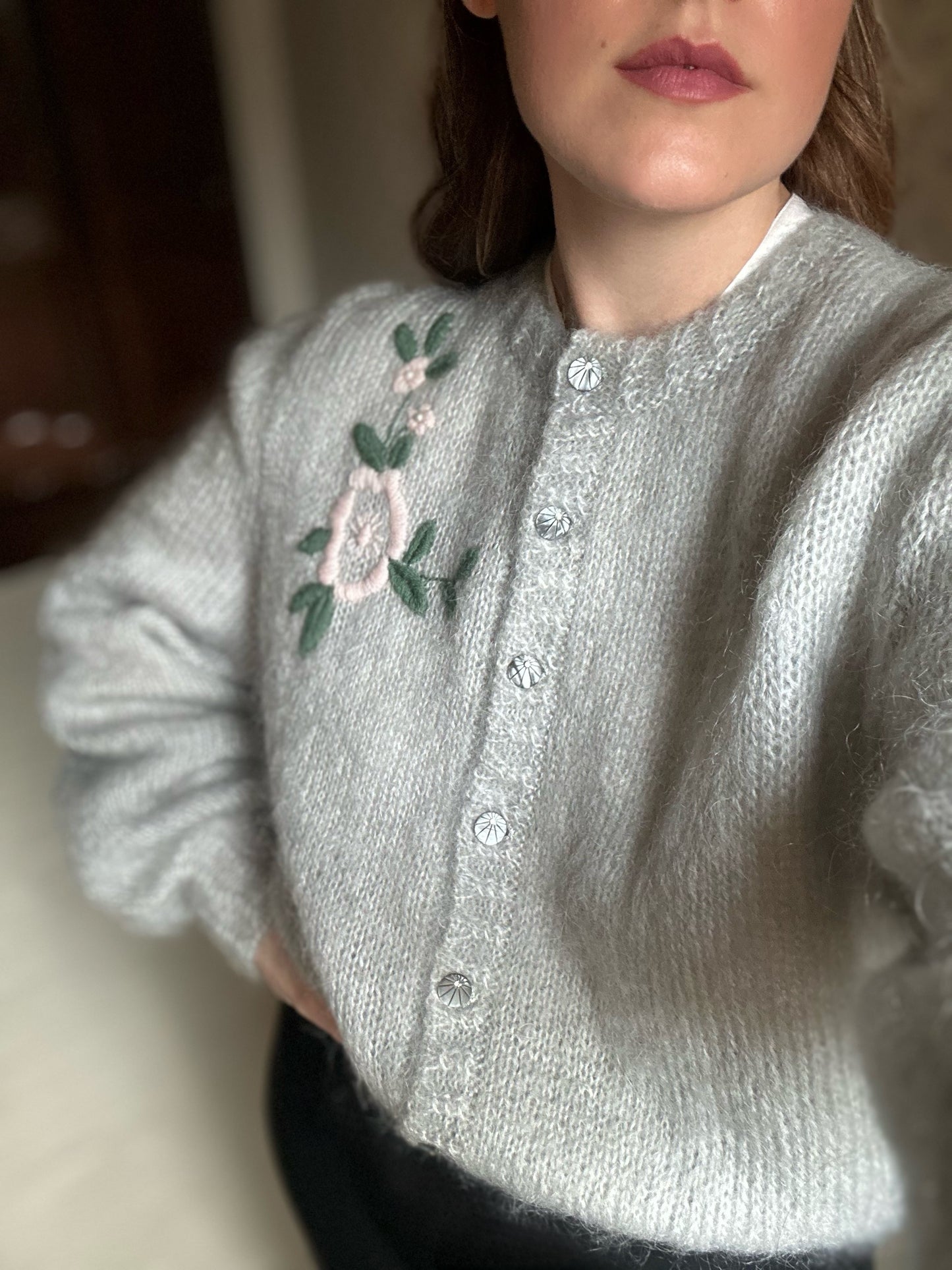 Vintage Mohair Pearl Gray Cardigan