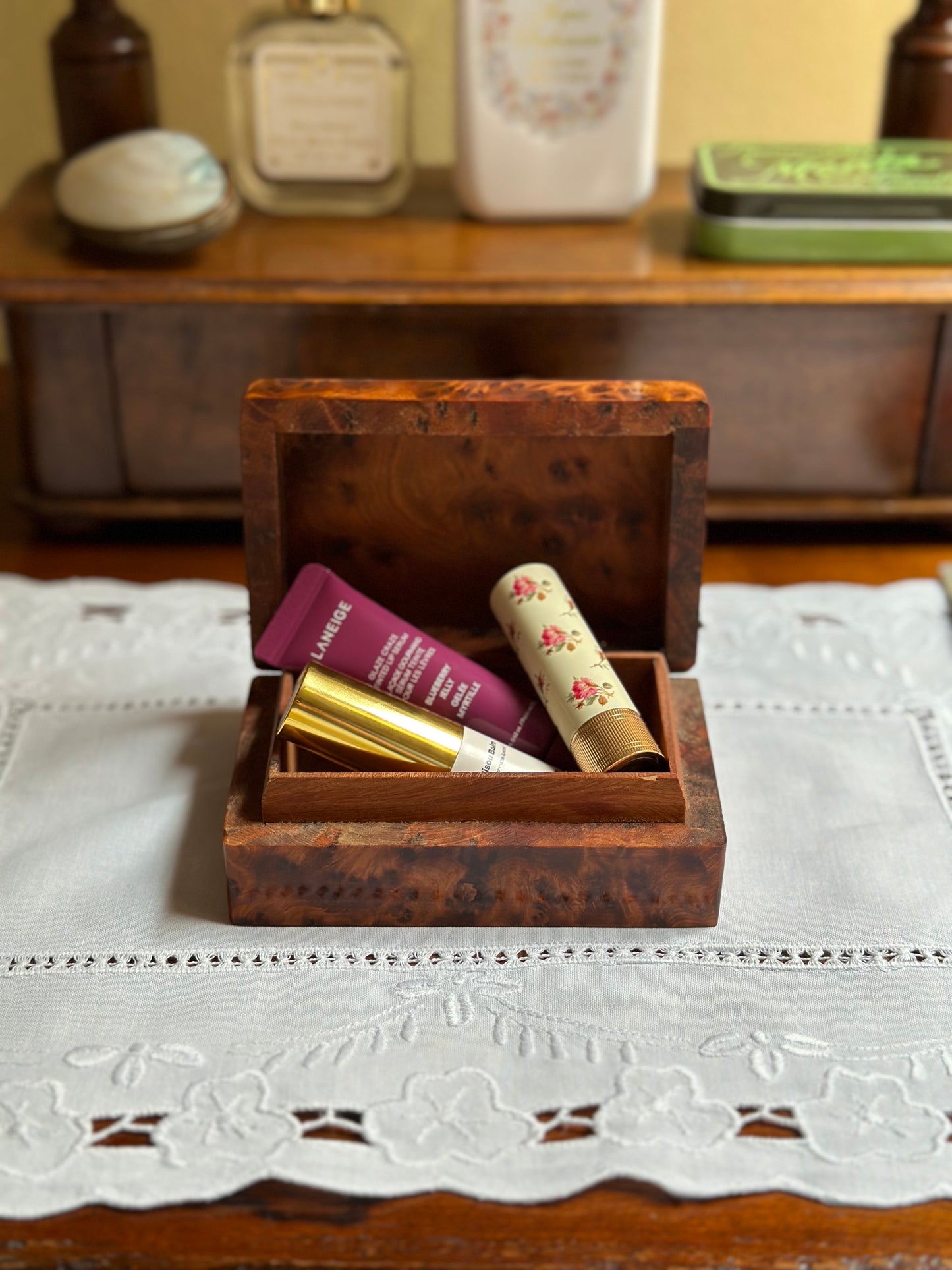 Antique Burl Wood Jewelry Box - Small