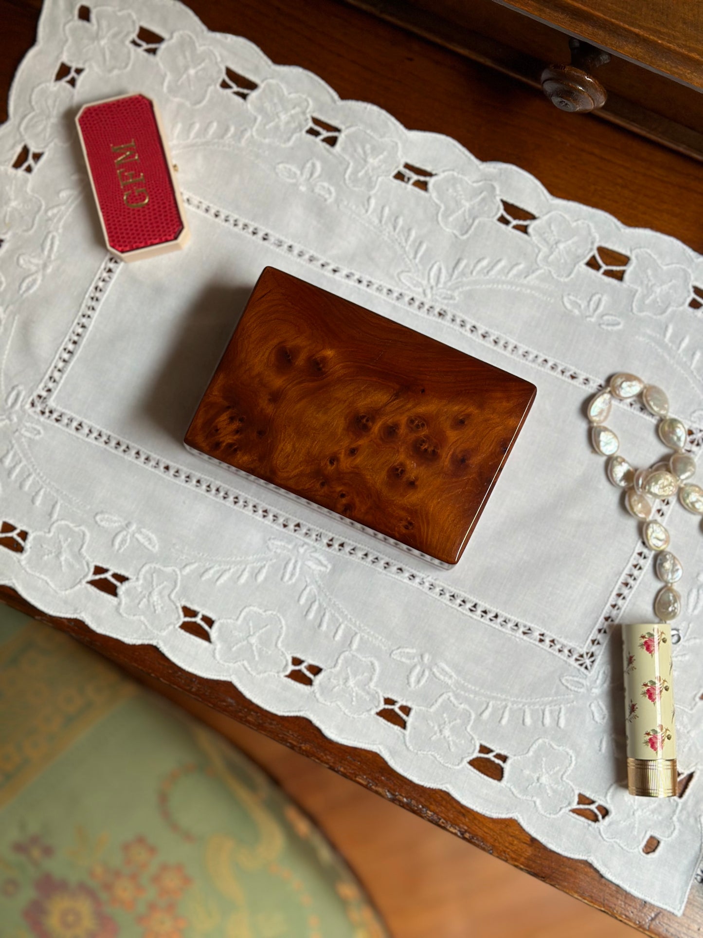 Antique Burl Wood Jewelry Box - Small
