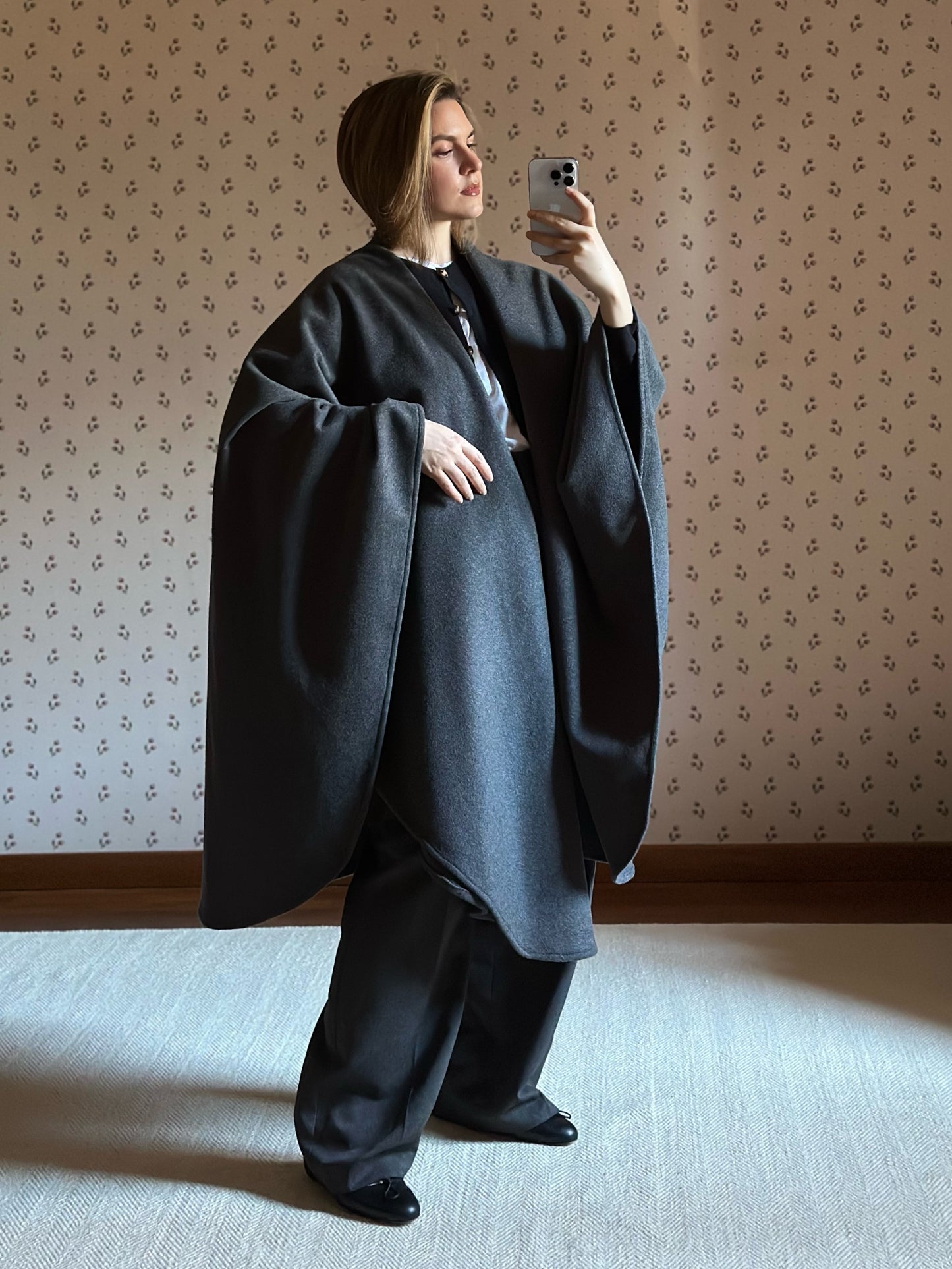 Gray Wool Maxi Cape
