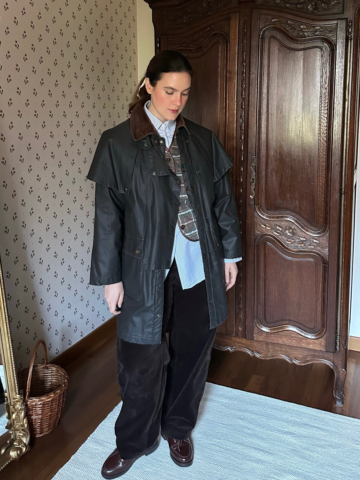 Waxed Jacket With Cape & Tartan Vest