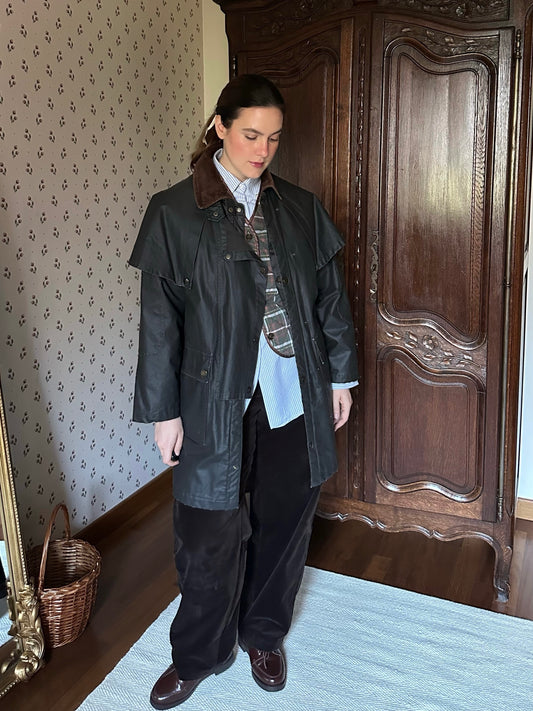 Waxed Jacket With Cape & Tartan Vest