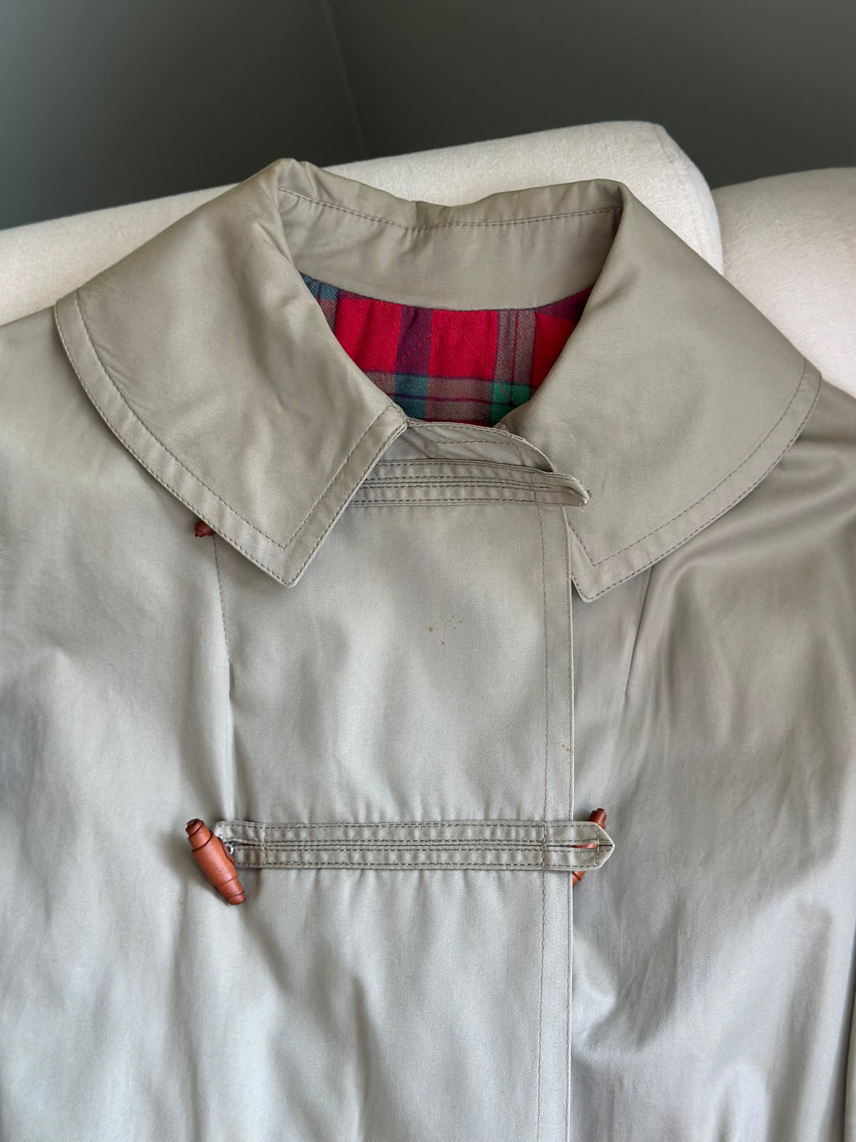 Khaki Trench Coat With Red Tartan Lining