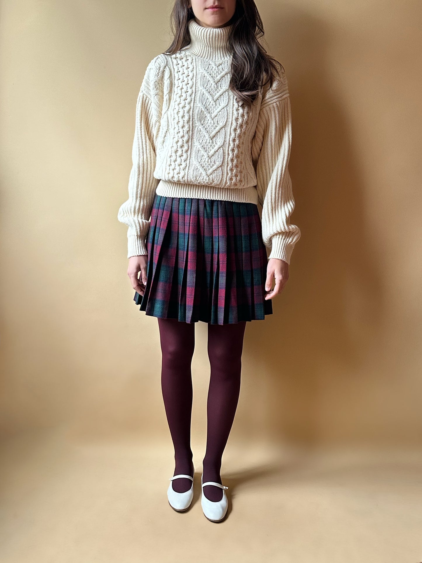 Vintage Burgundy Tartan Pleated Skirt