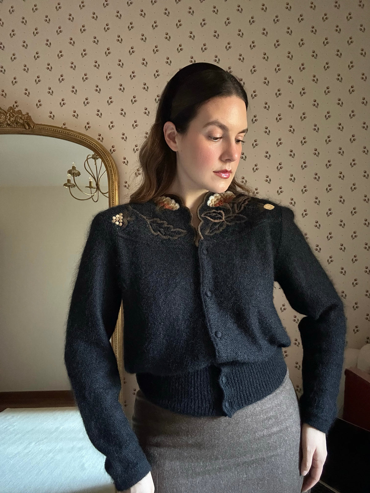 Alpaca & Mohair Embroidered Black Cardigan